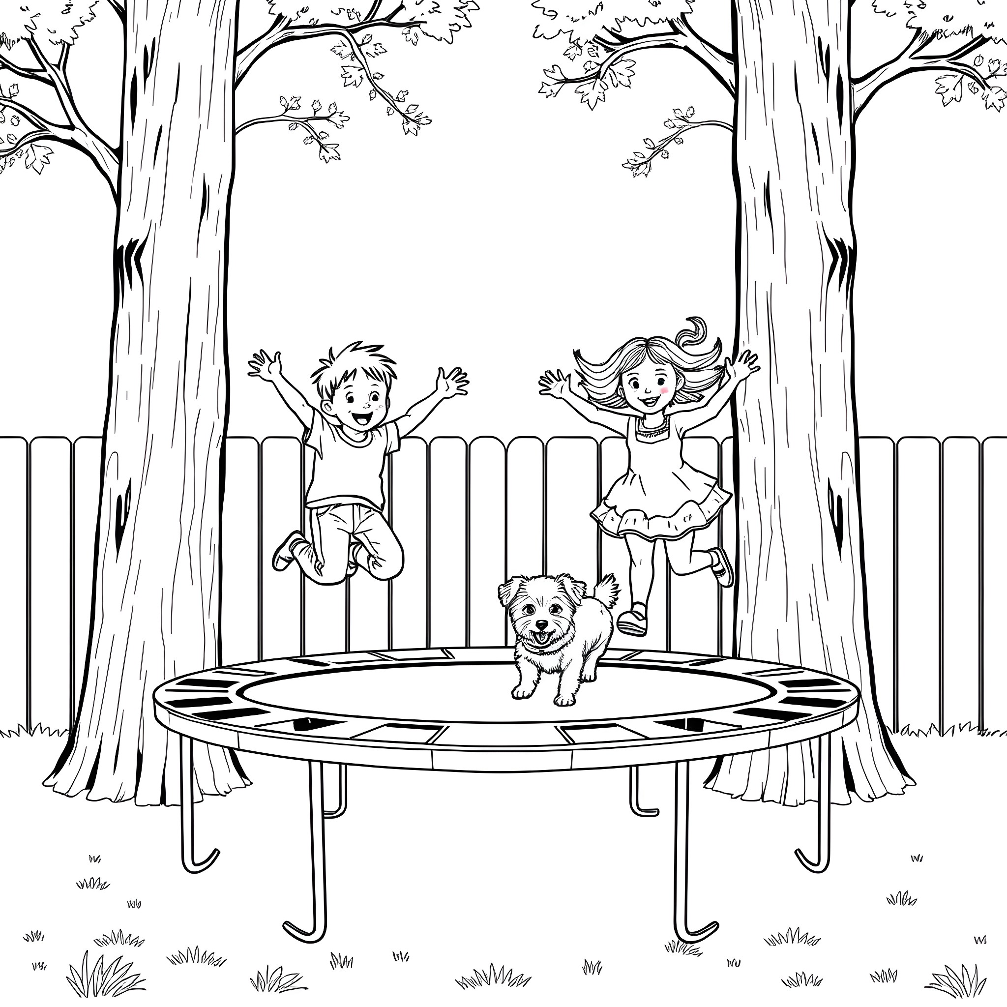 Boy and girl playing joyfully in the park with their dog Coloring Page (free black-and-white line drawing printable PDF for all, from beginners to advanced learners, including children, teens, adults, and seniors)