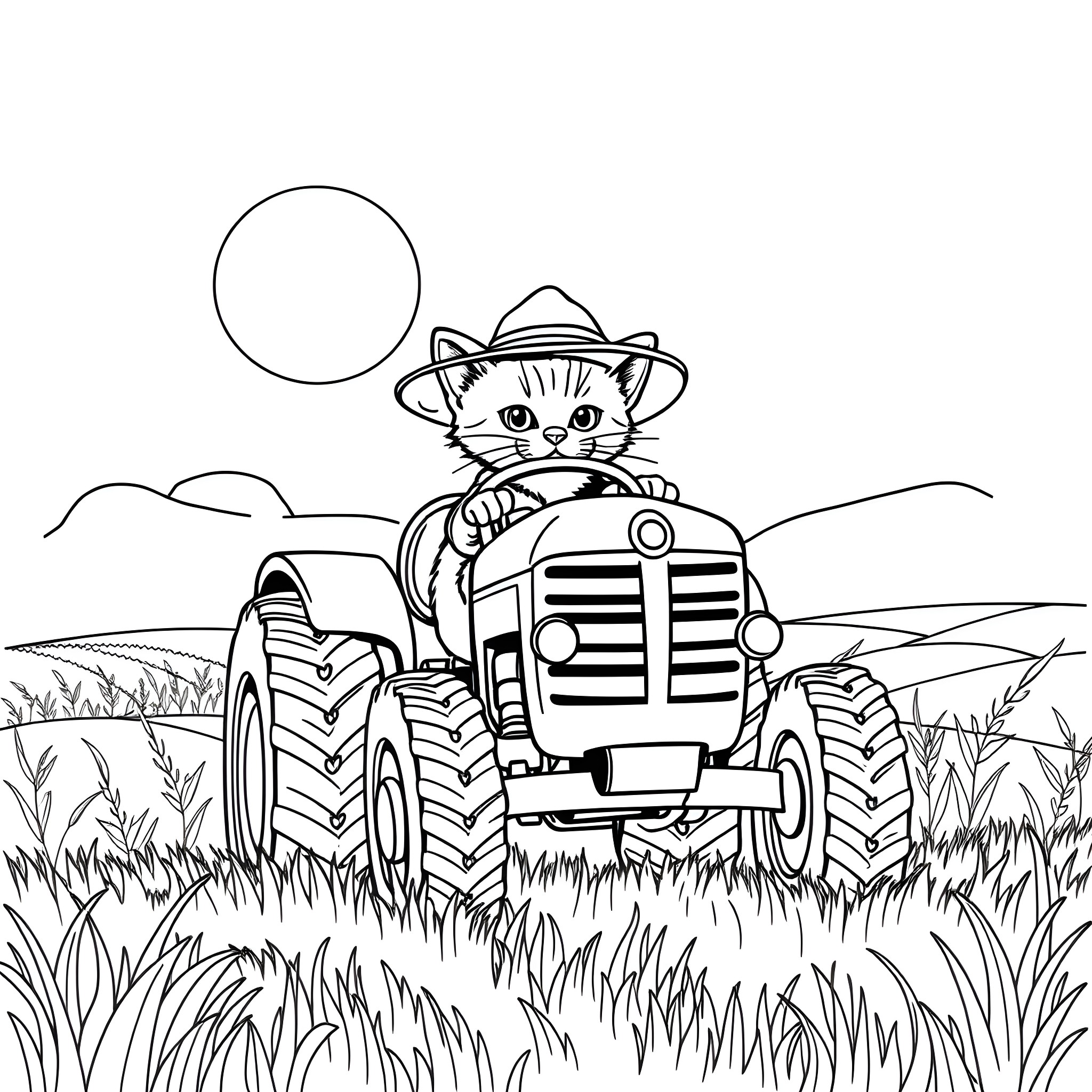 Kitty driving a tractor in the countryside Coloring Page (free black-and-white line drawing printable PDF for all, from beginners to advanced learners, including children, teens, adults, and seniors)