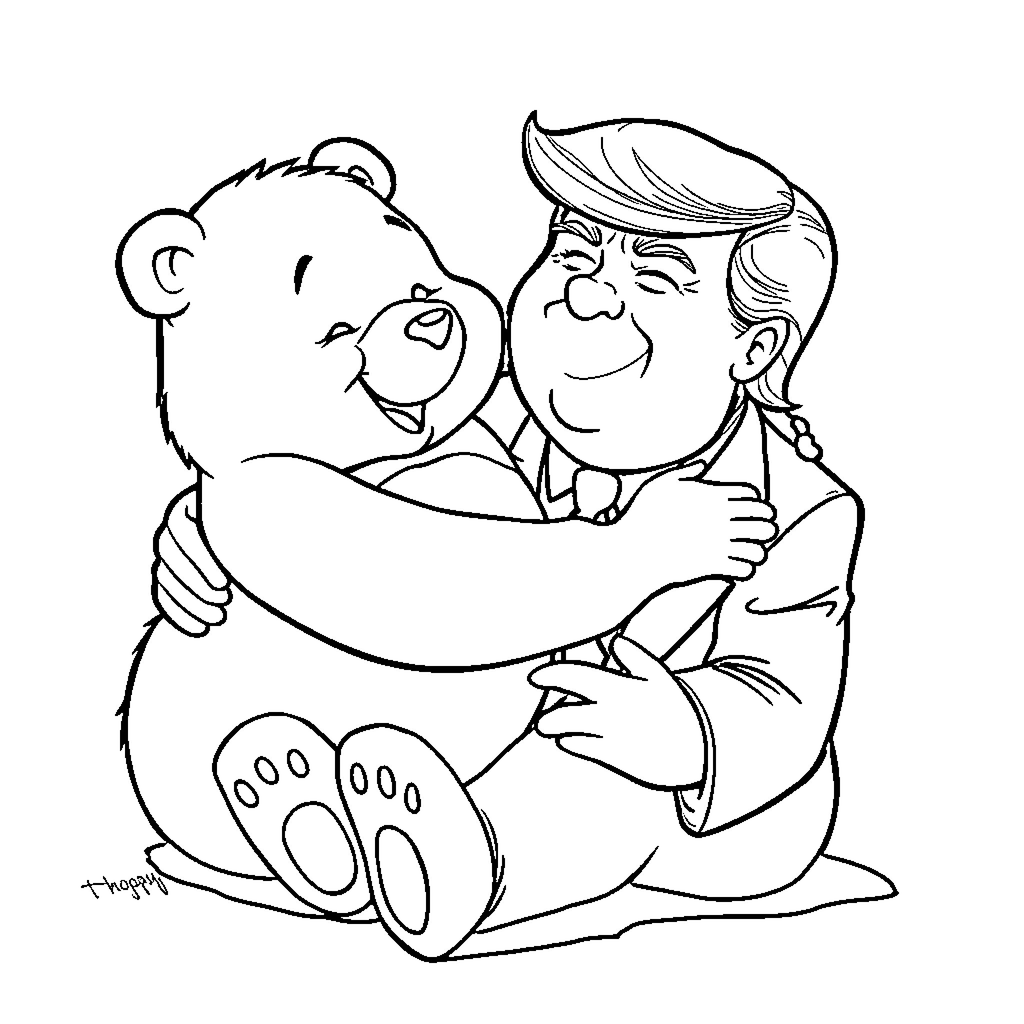 Care Bear hugged by kind adult Coloring Page (free black-and-white line drawing printable PDF for all, from beginners to advanced learners, including children, teens, adults, and seniors)