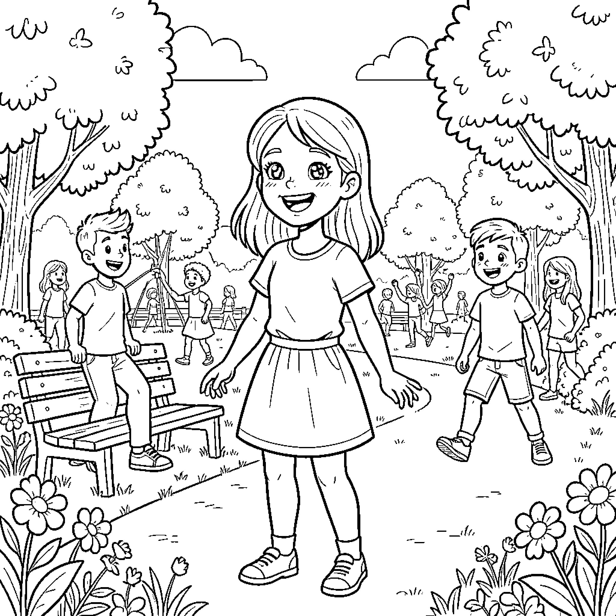 Romy smiling while playing in a sunny park Coloring Page (free black-and-white line drawing printable PDF for all, from beginners to advanced learners, including children, teens, adults, and seniors)