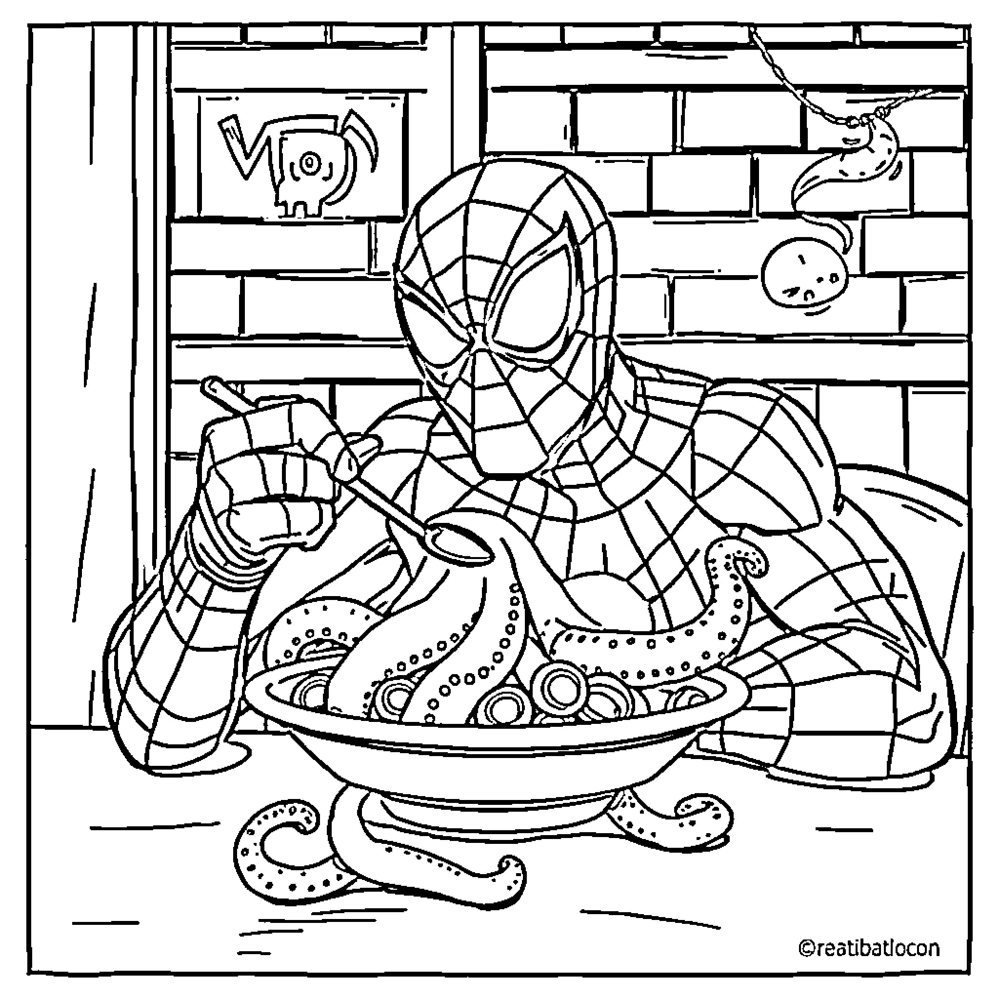 Spiderman enjoying a meal in his cozy hideaway Coloring Page (free black-and-white line drawing printable PDF for all, from beginners to advanced learners, including children, teens, adults, and seniors)