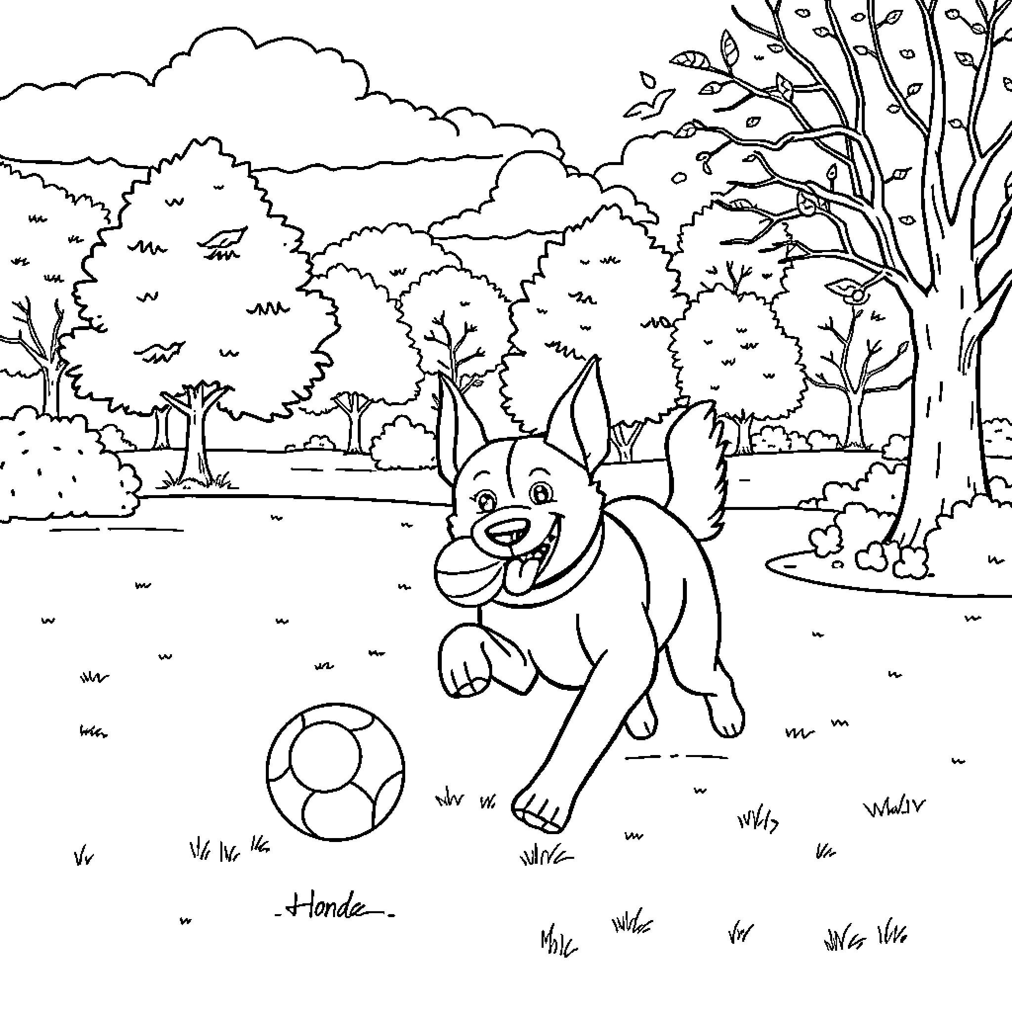 Dog playing with ball in forest Coloring Page (free black-and-white line drawing printable PDF for all, from beginners to advanced learners, including children, teens, adults, and seniors)