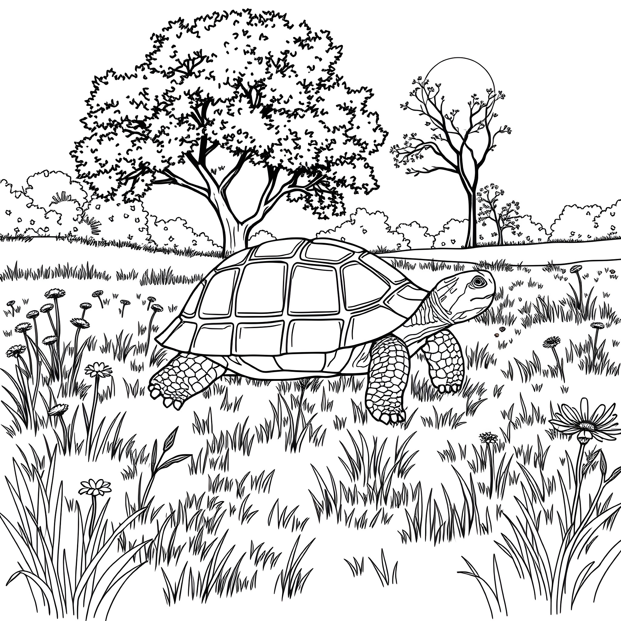Tortoise exploring peaceful natural landscape Coloring Page (free black-and-white line drawing printable PDF for all, from beginners to advanced learners, including children, teens, adults, and seniors)