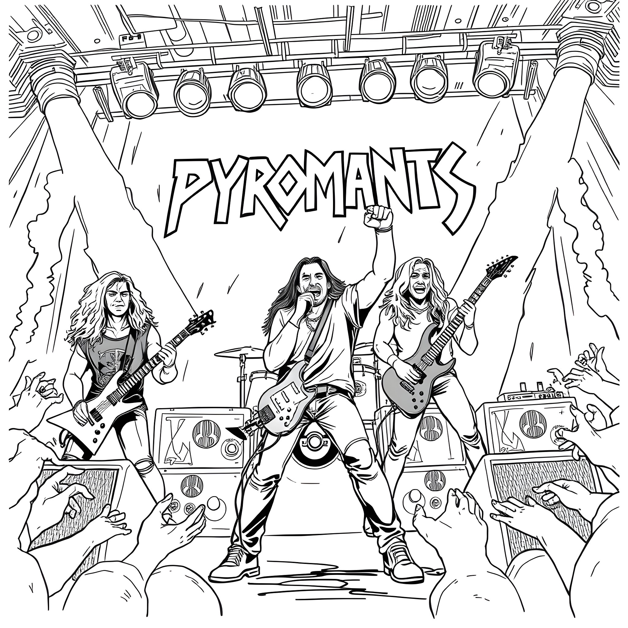 Band members performing on stage with guitar and drums Coloring Page (free black-and-white line drawing printable PDF for all, from beginners to advanced learners, including children, teens, adults, and seniors)