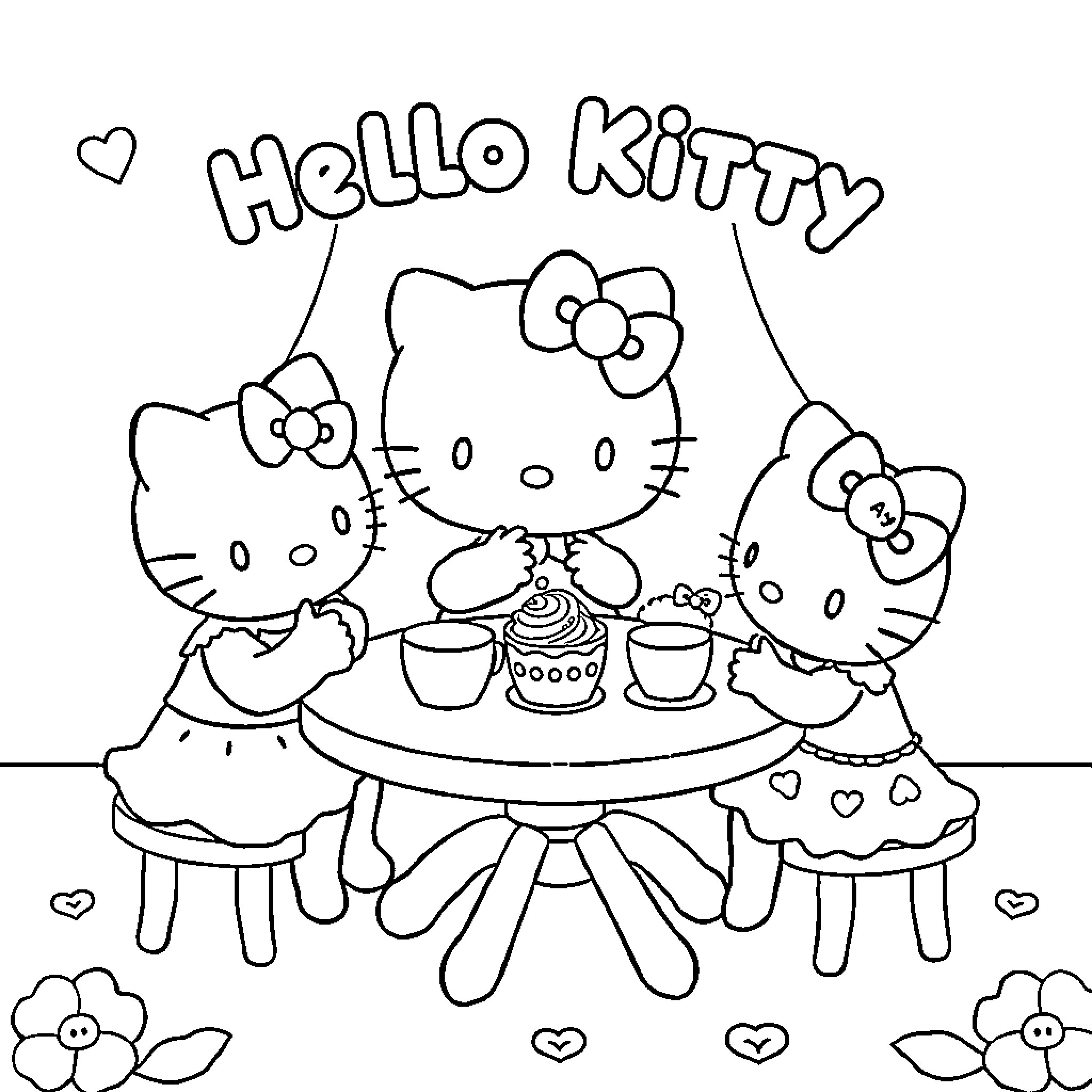 Hello Kitty enjoying tea party with friends Coloring Page (free black-and-white line drawing printable PDF for all, from beginners to advanced learners, including children, teens, adults, and seniors)