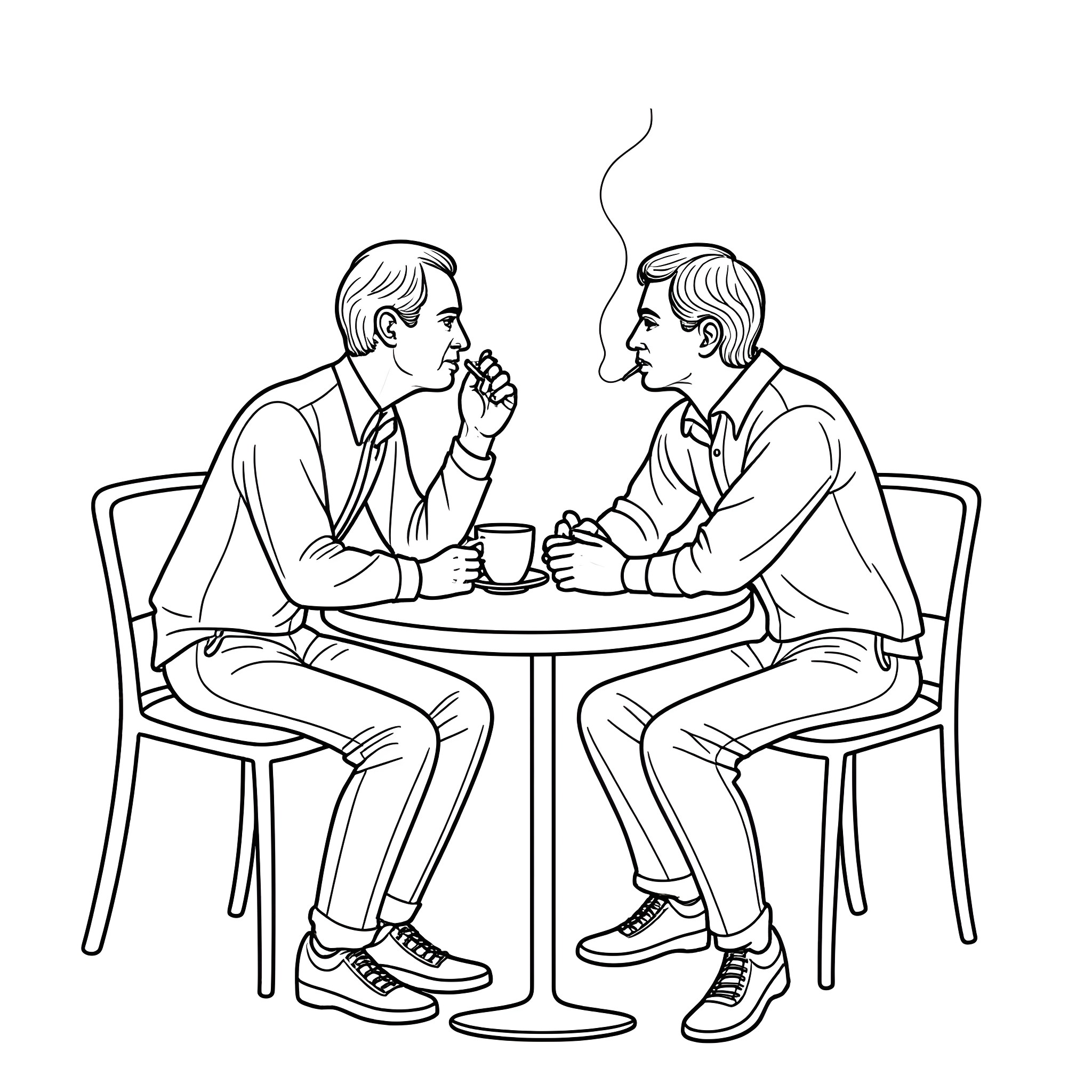 François Truffaut discussing film over coffee with colleague Coloring Page (free black-and-white line drawing printable PDF for all, from beginners to advanced learners, including children, teens, adults, and seniors)