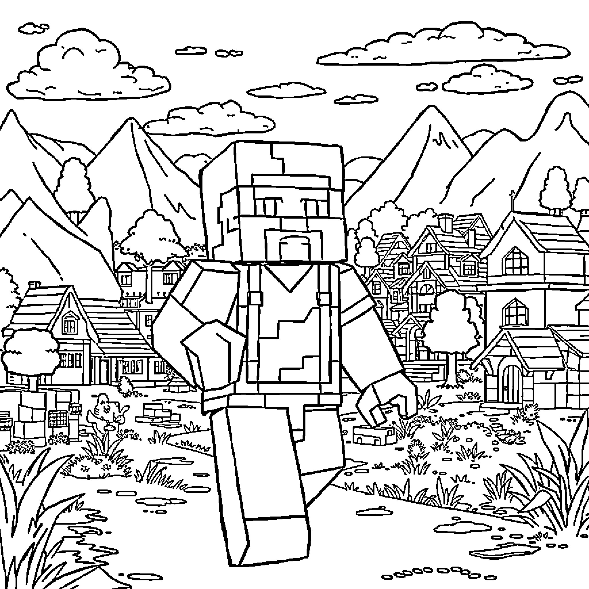 Steve's Adventure in the Blocky Landscape Coloring Page (free black-and-white line drawing printable PDF for all, from beginners to advanced learners, including children, teens, adults, and seniors)