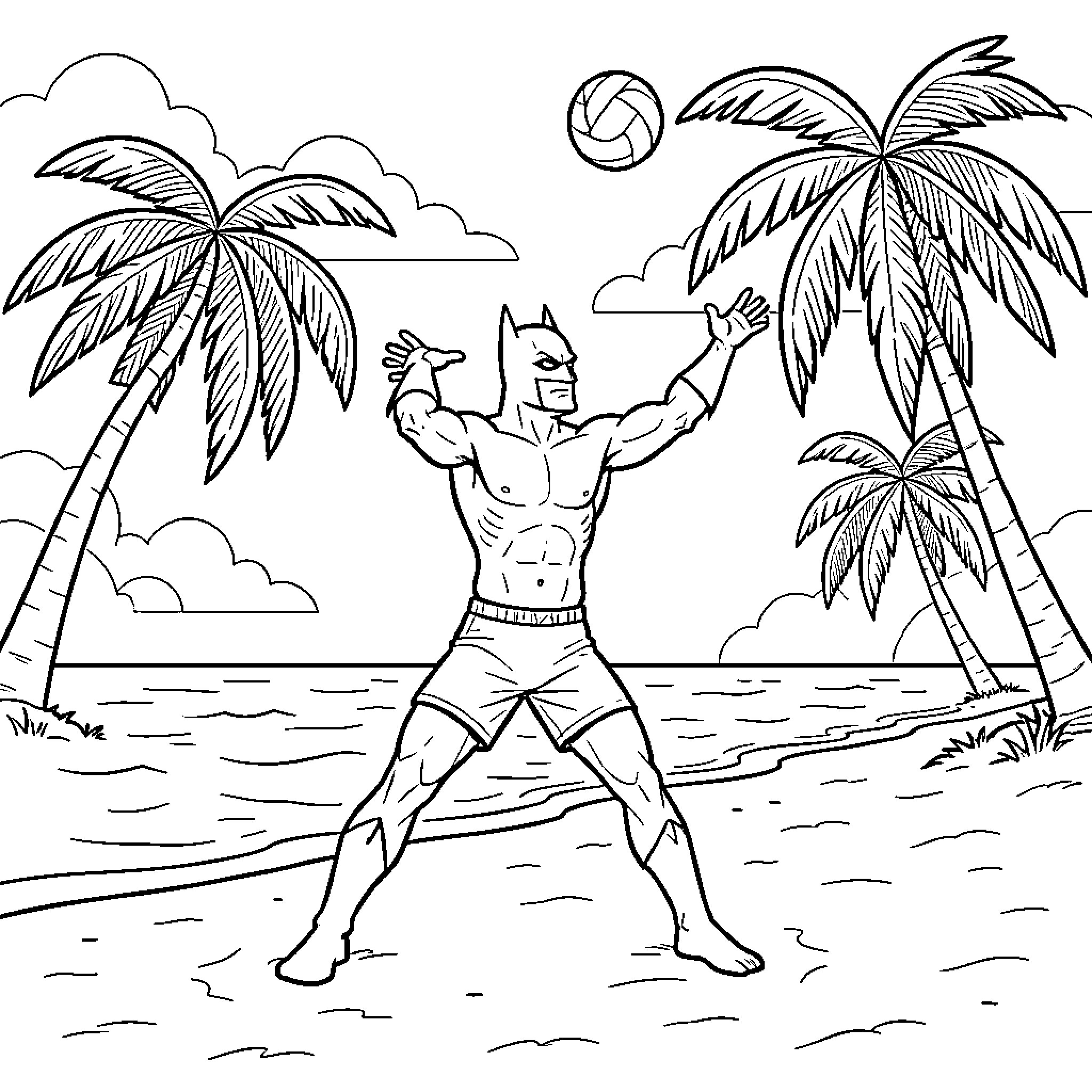 Batman playing beach volleyball on a tropical island Coloring Page (free black-and-white line drawing printable PDF for all, from beginners to advanced learners, including children, teens, adults, and seniors)
