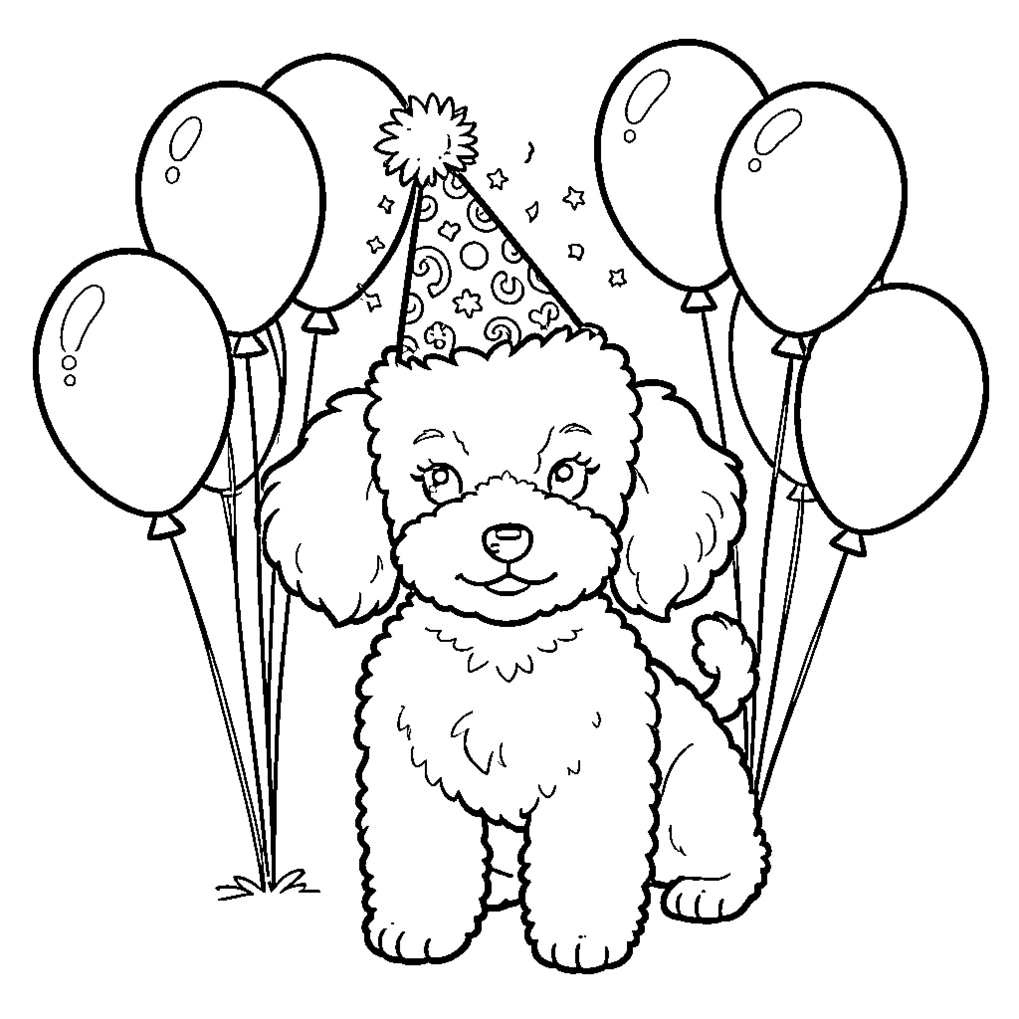 Poodle celebrating with party hat and balloons Coloring Page (free black-and-white line drawing printable PDF for all, from beginners to advanced learners, including children, teens, adults, and seniors)