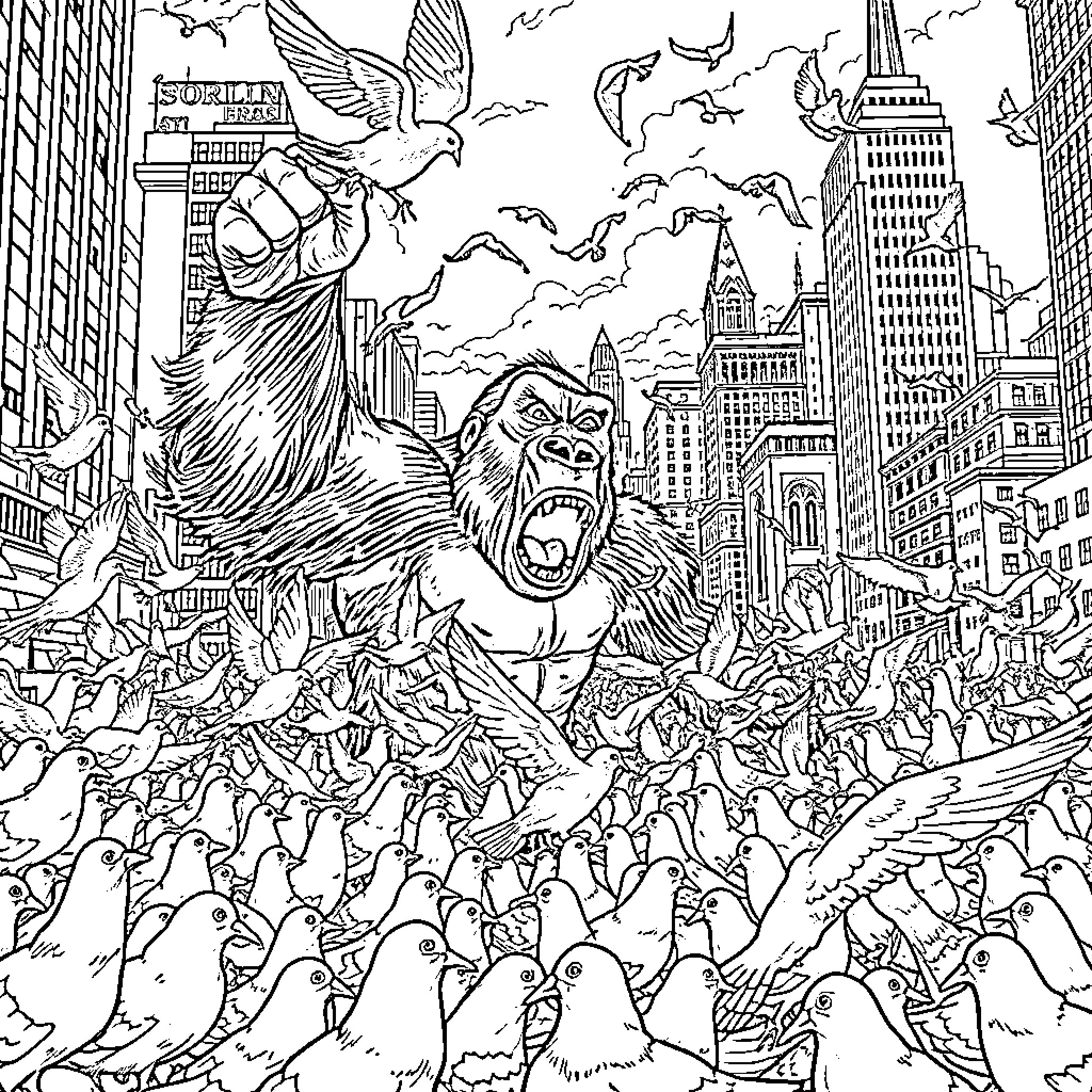 Pigeon Parade in the City Coloring Page (free black-and-white line drawing printable PDF for all, from beginners to advanced learners, including children, teens, adults, and seniors)