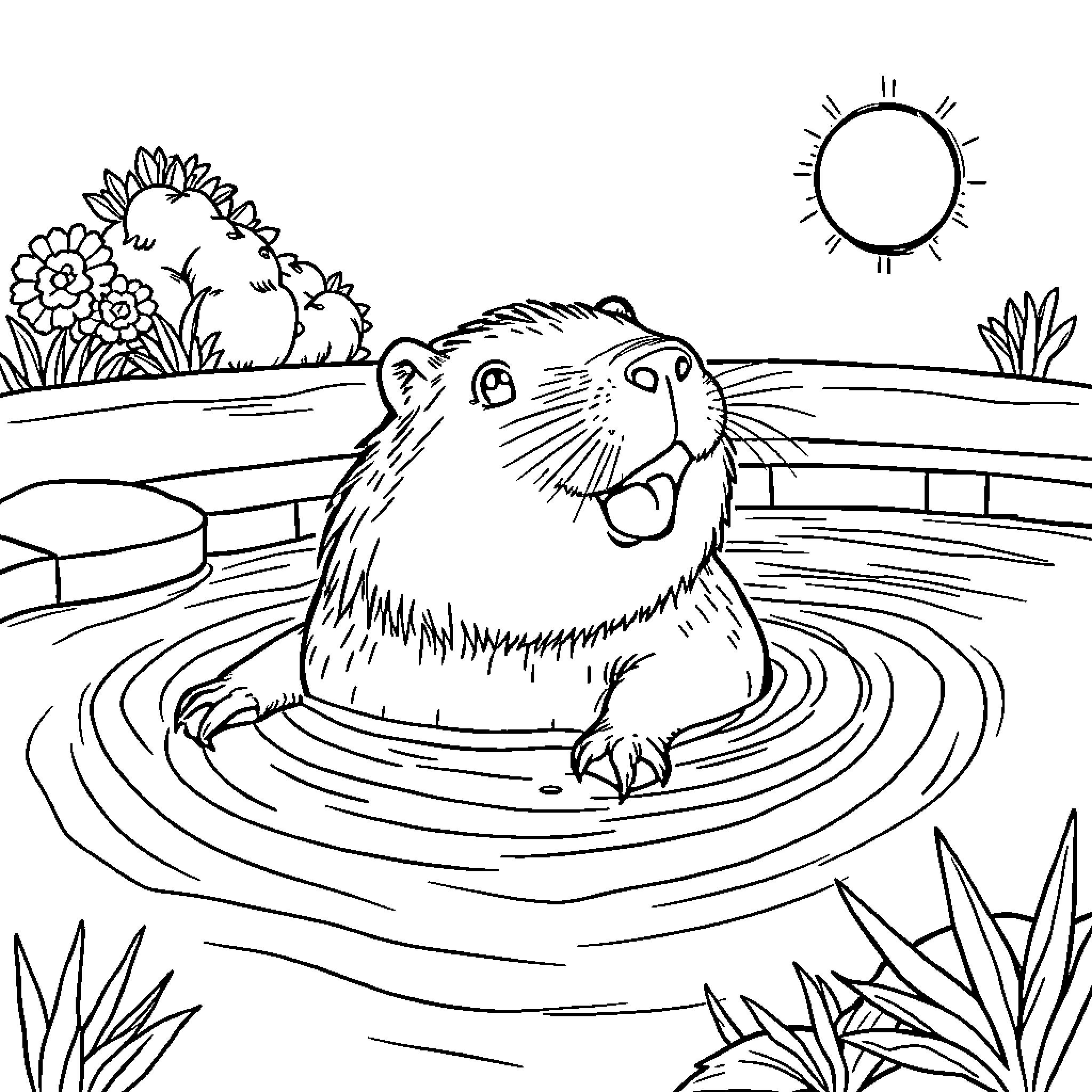 Capybara enjoying a peaceful day in the pond Coloring Page (free black-and-white line drawing printable PDF for all, from beginners to advanced learners, including children, teens, adults, and seniors)