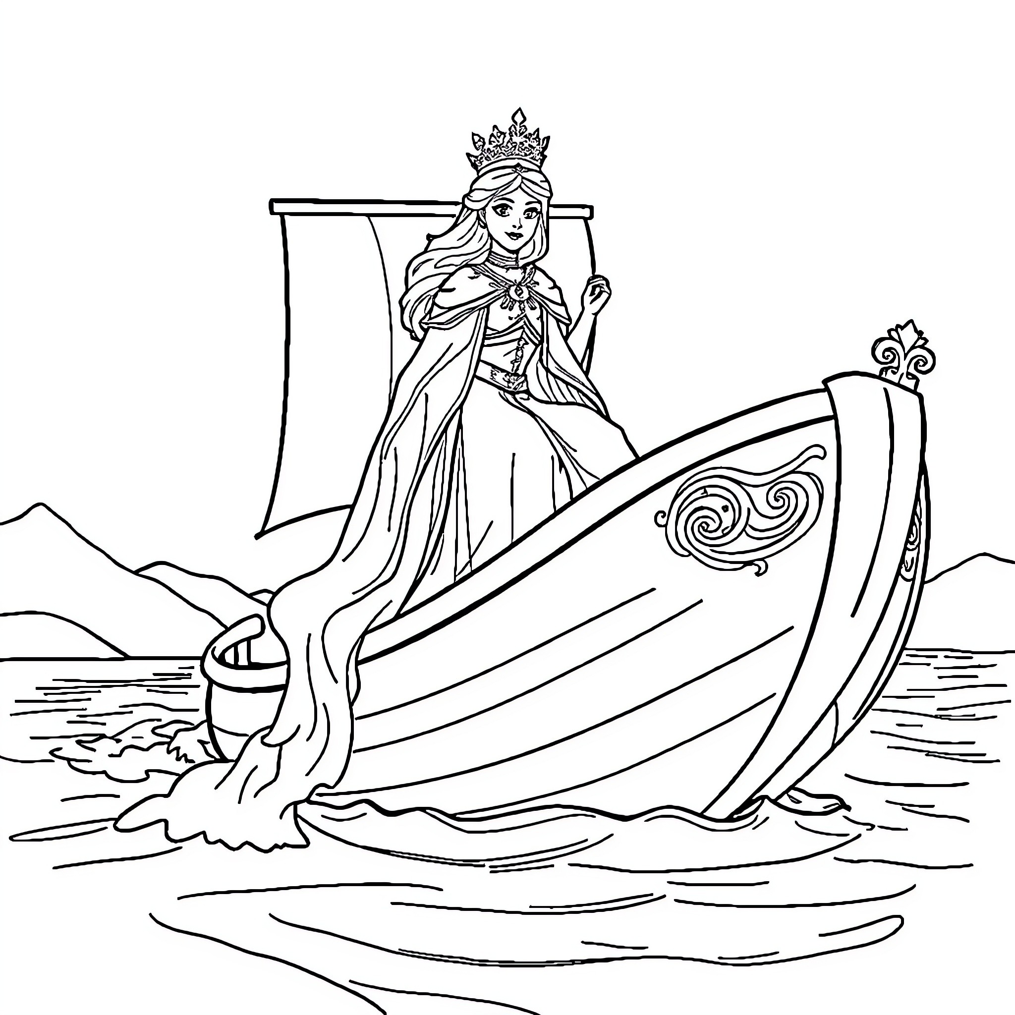 Snow Queen floating on ornate boat Coloring Page (free black-and-white line drawing printable PDF for all, from beginners to advanced learners, including children, teens, adults, and seniors)