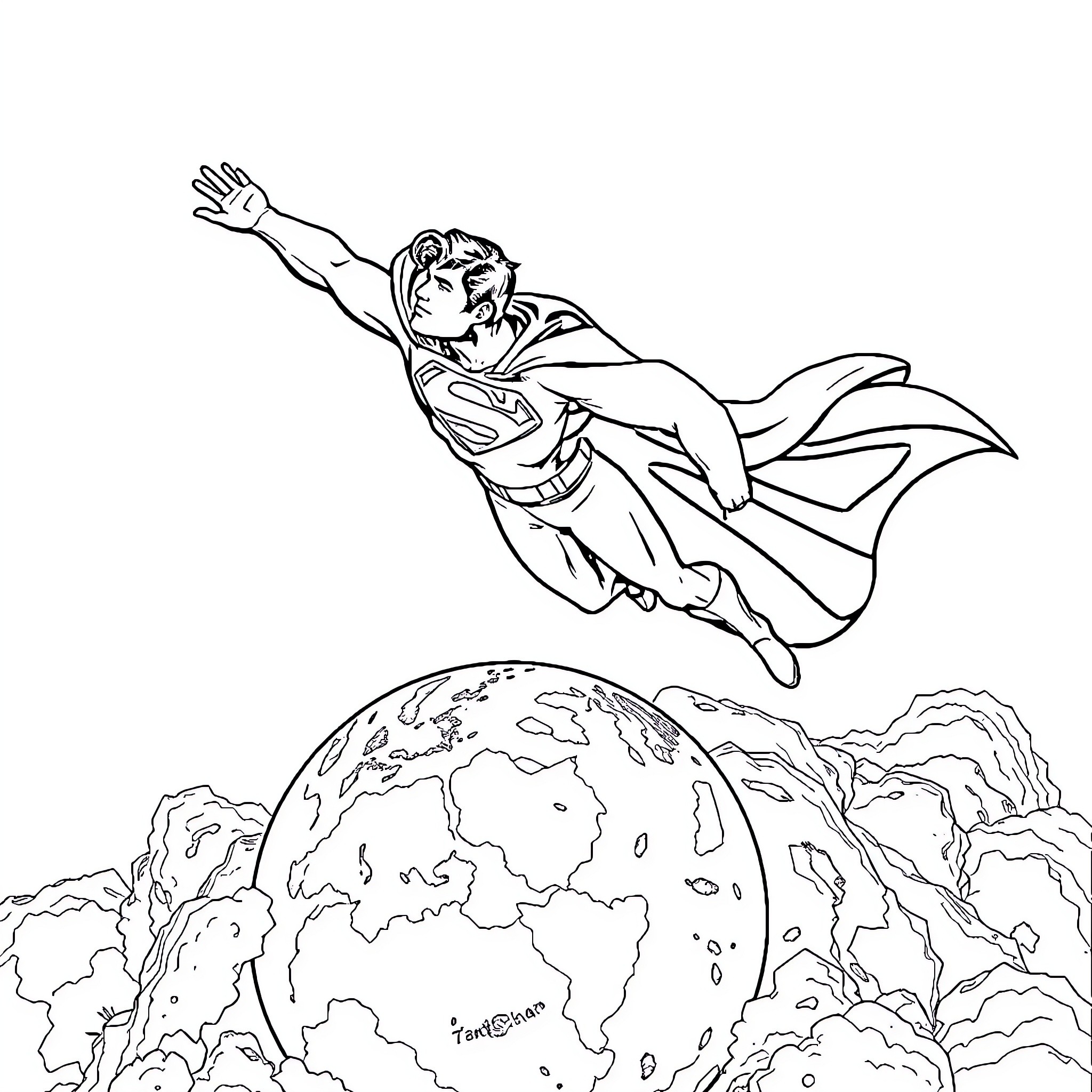 Superman soaring above the earth with heroic pose Coloring Page (free black-and-white line drawing printable PDF for all, from beginners to advanced learners, including children, teens, adults, and seniors)