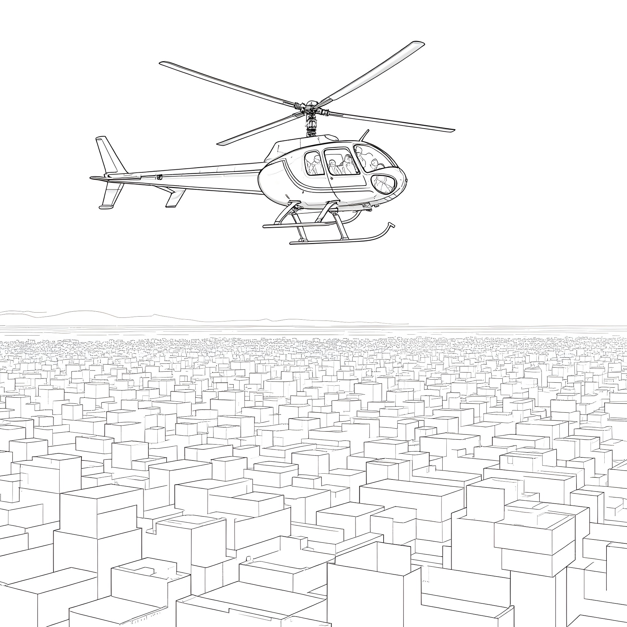 Netanyahu's aerial view over a city Coloring Page (free black-and-white line drawing printable PDF for all, from beginners to advanced learners, including children, teens, adults, and seniors)