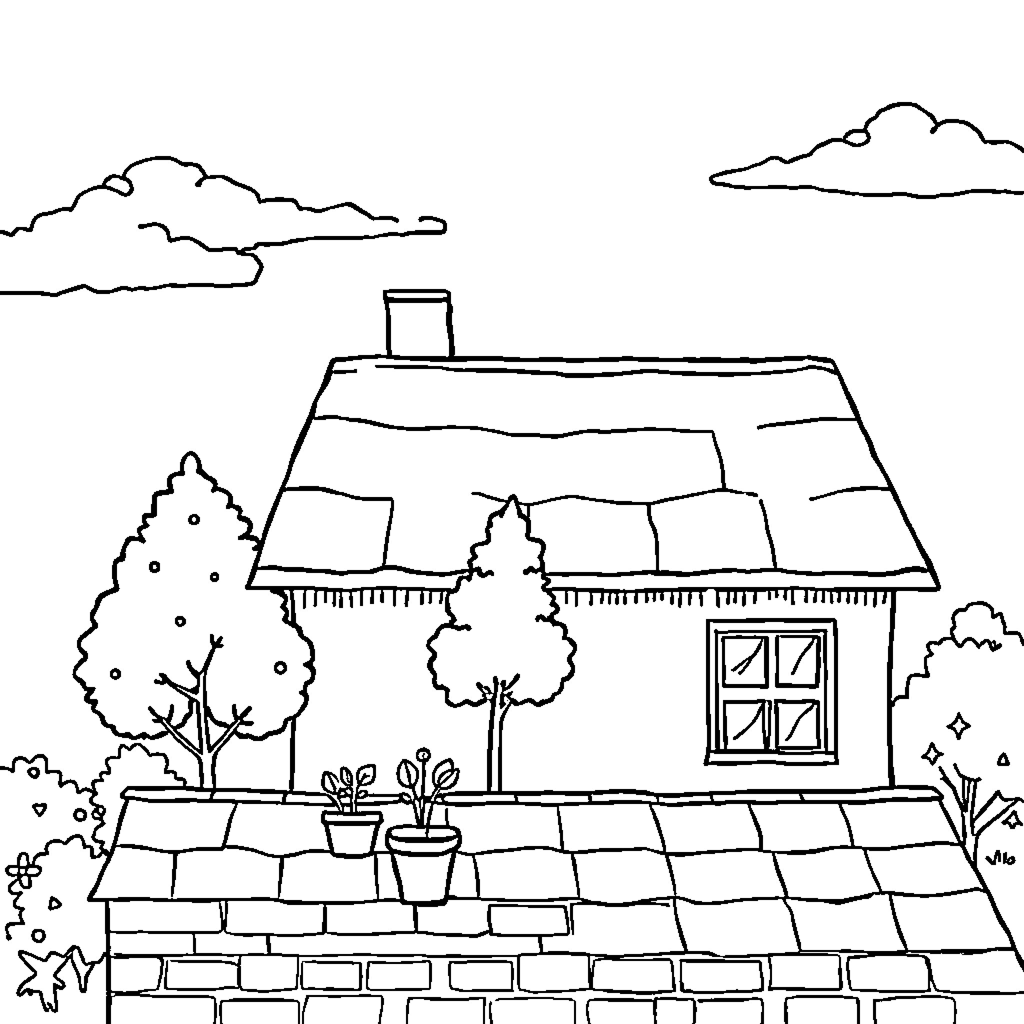 Tree house surrounded by nature Coloring Page (free black-and-white line drawing printable PDF for all, from beginners to advanced learners, including children, teens, adults, and seniors)