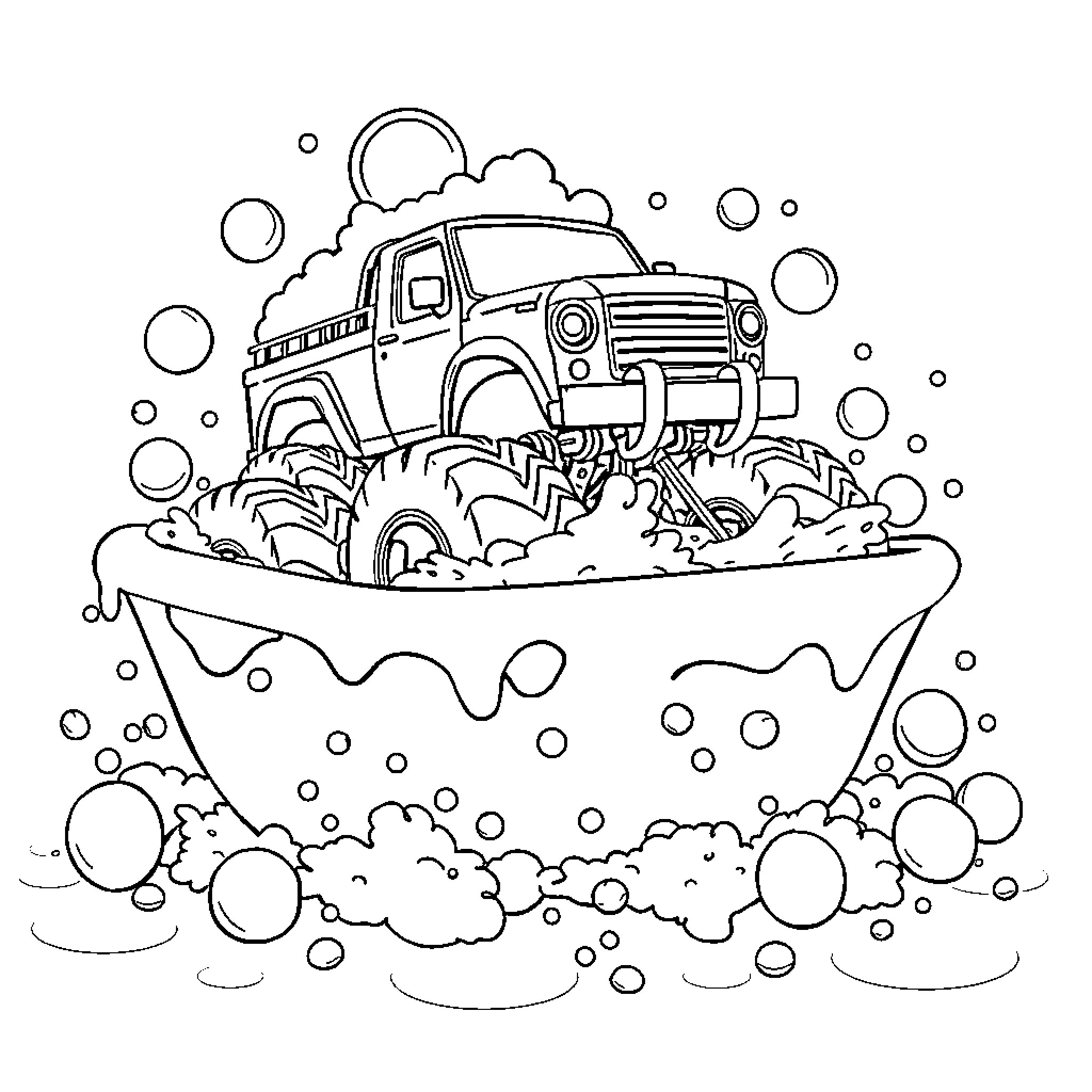 Monster Truck Splashing Through Muddy Terrain Coloring Page (free black-and-white line drawing printable PDF for all, from beginners to advanced learners, including children, teens, adults, and seniors)