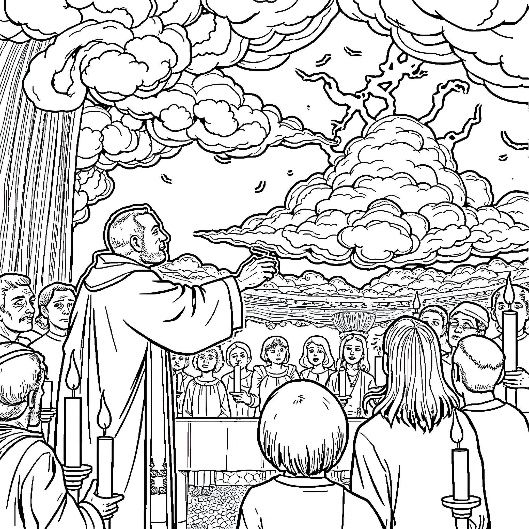 Priest leading a solemn religious gathering Coloring Page (free black-and-white line drawing printable PDF for all, from beginners to advanced learners, including children, teens, adults, and seniors)