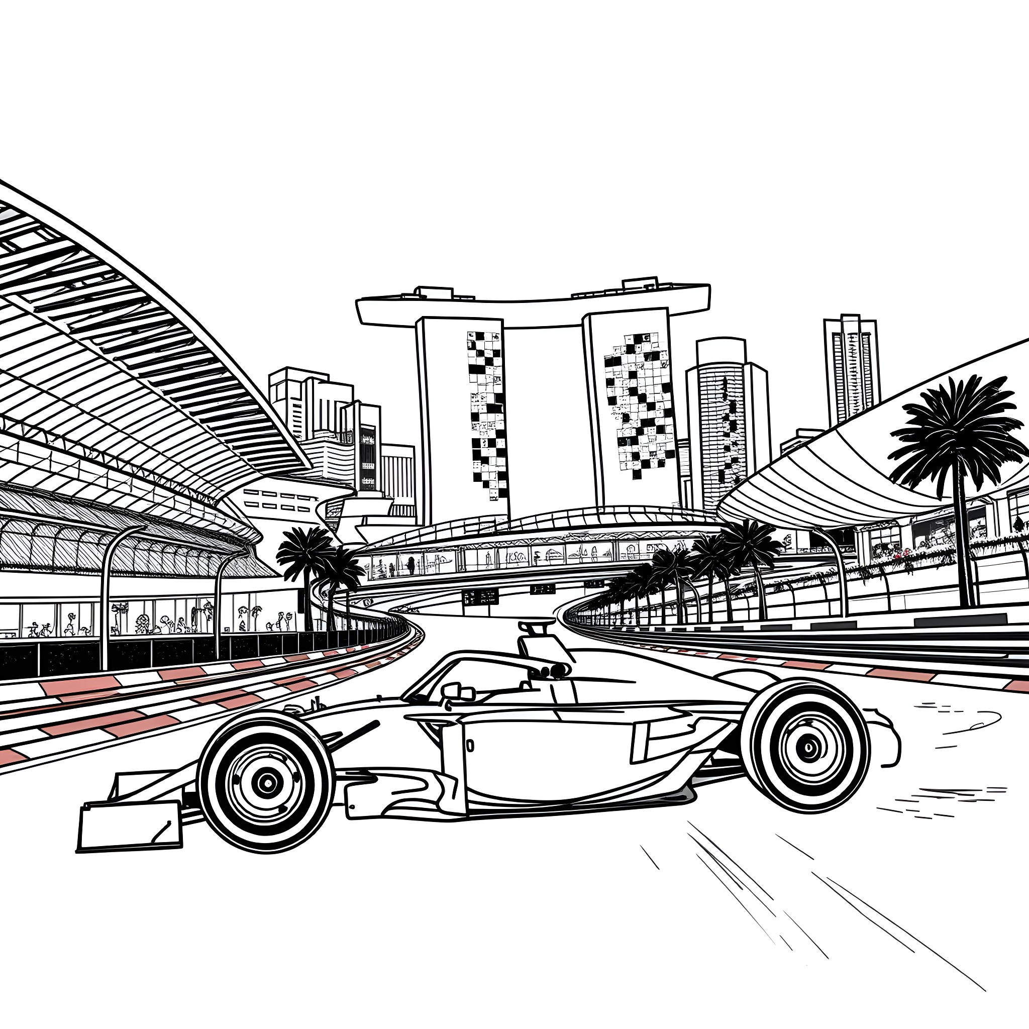 F1 Car Racing Through the Streets of a Bustling City Coloring Page (free black-and-white line drawing printable PDF for all, from beginners to advanced learners, including children, teens, adults, and seniors)