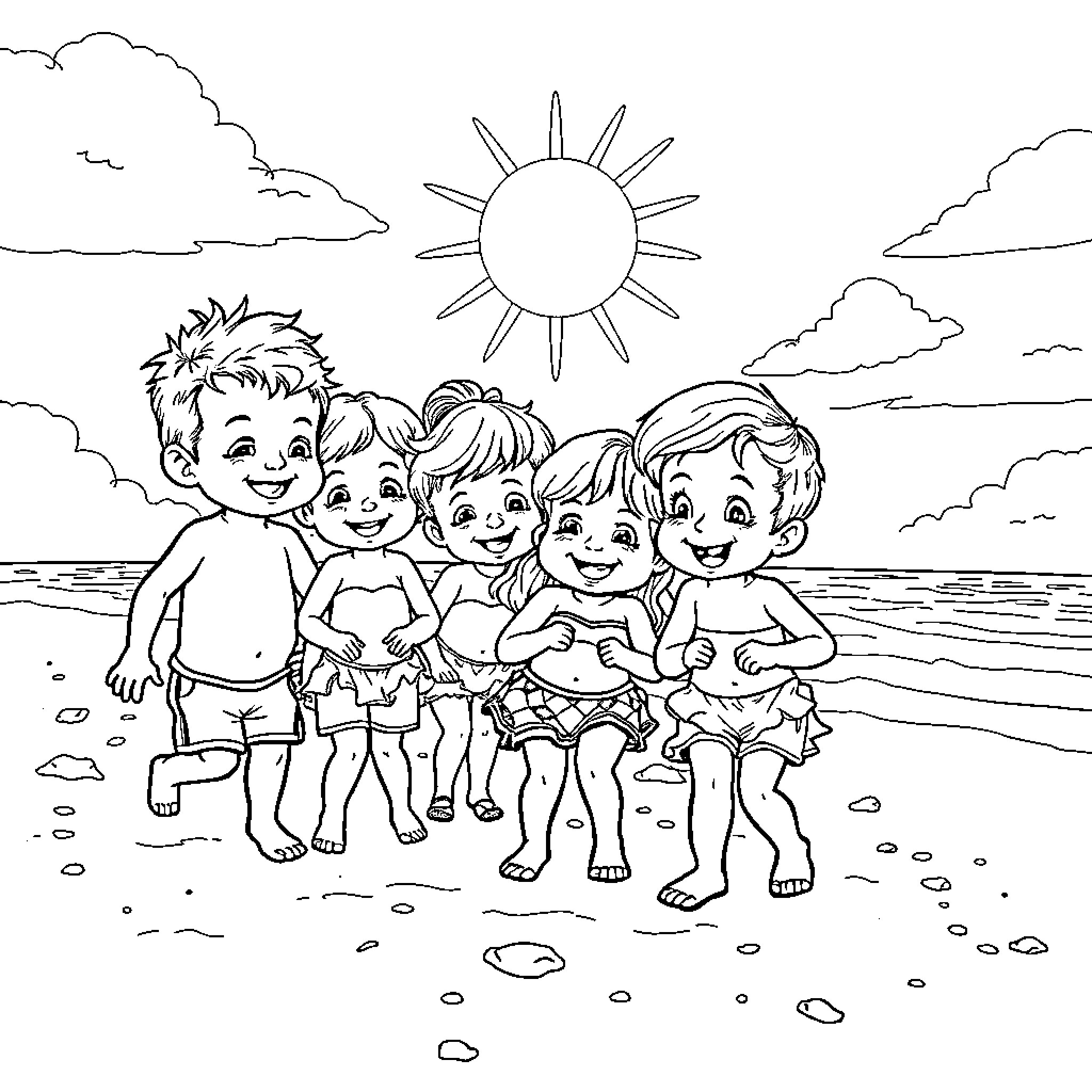 Abdl group playing on the beach Coloring Page (free black-and-white line drawing printable PDF for all, from beginners to advanced learners, including children, teens, adults, and seniors)
