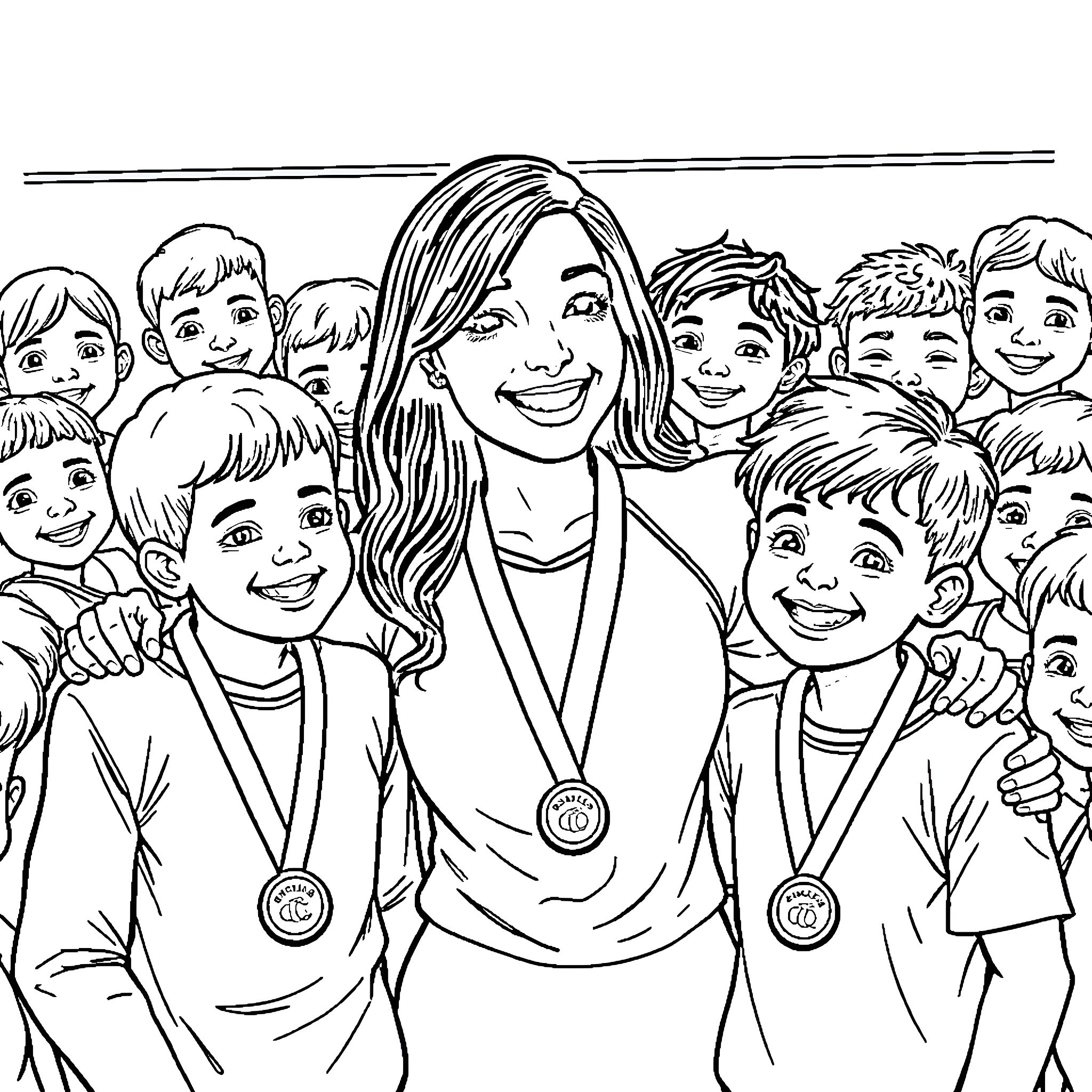 Sydney Payne with young sports champions Coloring Page (free black-and-white line drawing printable PDF for all, from beginners to advanced learners, including children, teens, adults, and seniors)