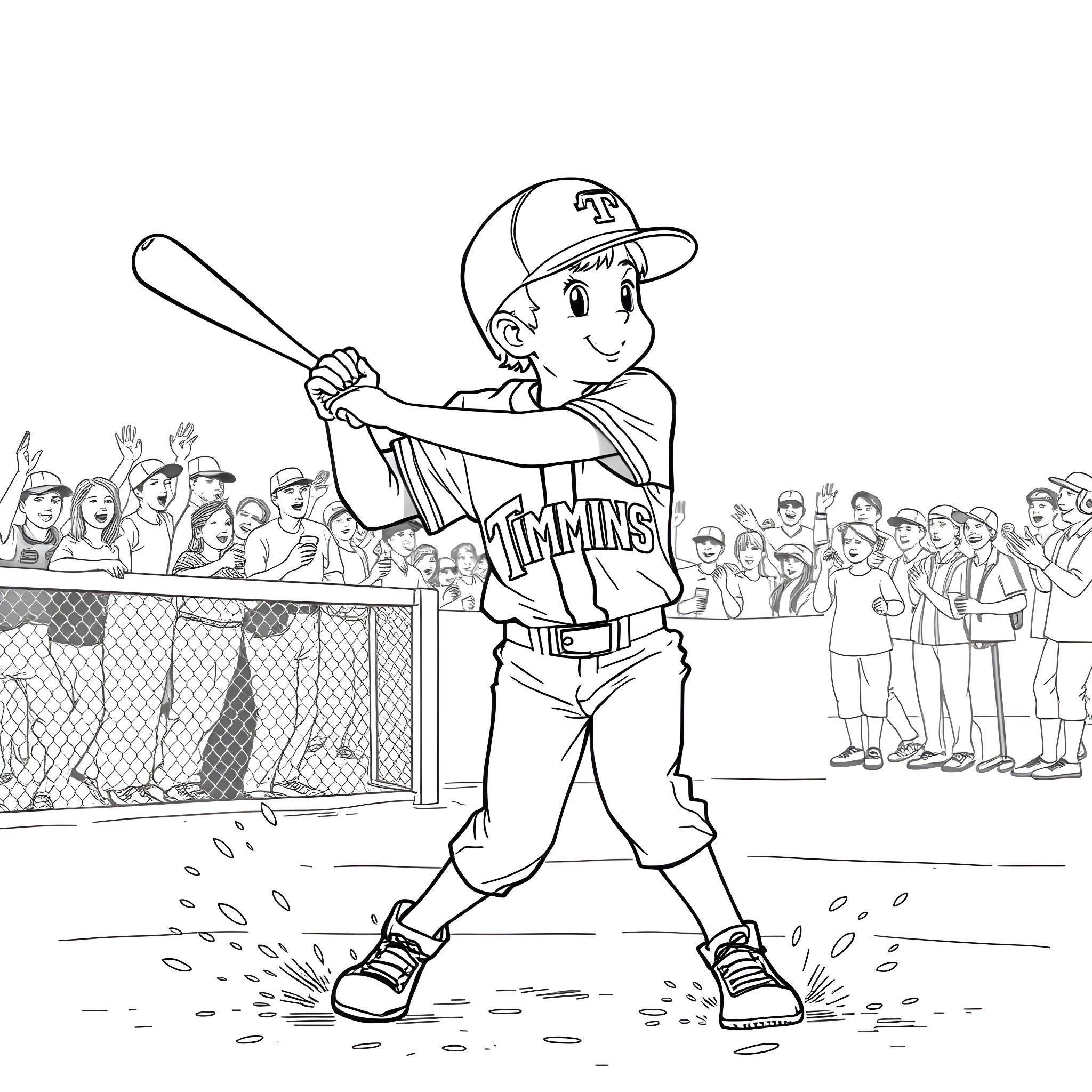 Baseball Player Batting in Front of Cheering Crowd Coloring Page (free black-and-white line drawing printable PDF for all, from beginners to advanced learners, including children, teens, adults, and seniors)