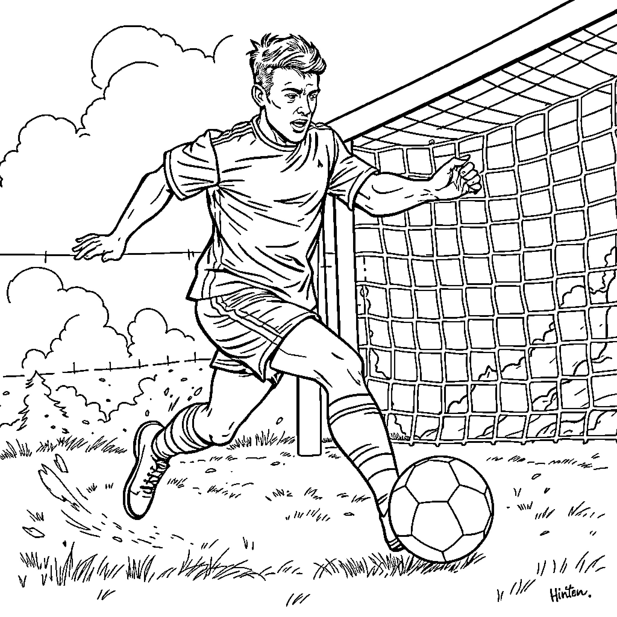 Soccer Player Kicking Ball Passionately on Field Coloring Page (free black-and-white line drawing printable PDF for all, from beginners to advanced learners, including children, teens, adults, and seniors)
