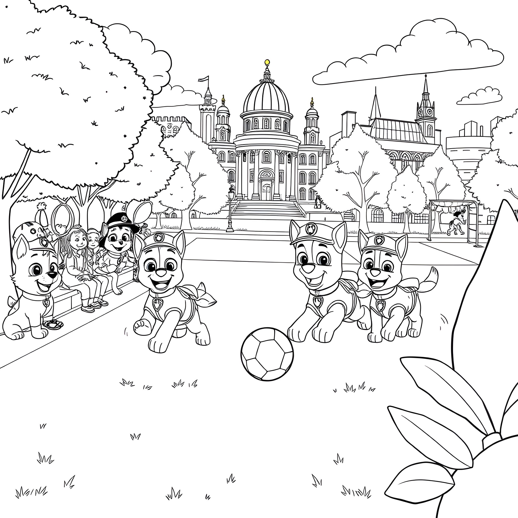 Paw Patrol characters playing soccer in the city Coloring Page (free black-and-white line drawing printable PDF for all, from beginners to advanced learners, including children, teens, adults, and seniors)