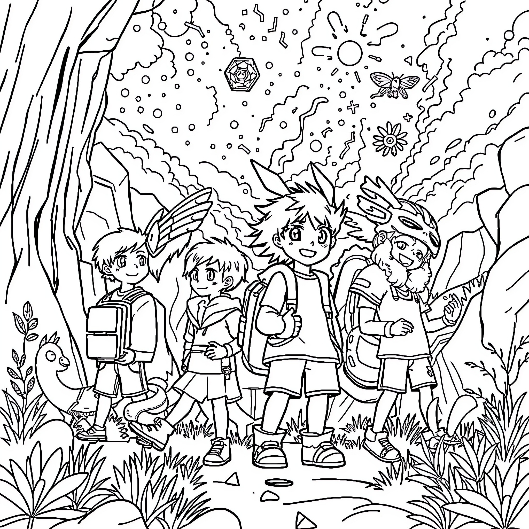 Digimon Characters Exploring the Magical Forest Coloring Page (free black-and-white line drawing printable PDF for all, from beginners to advanced learners, including children, teens, adults, and seniors)