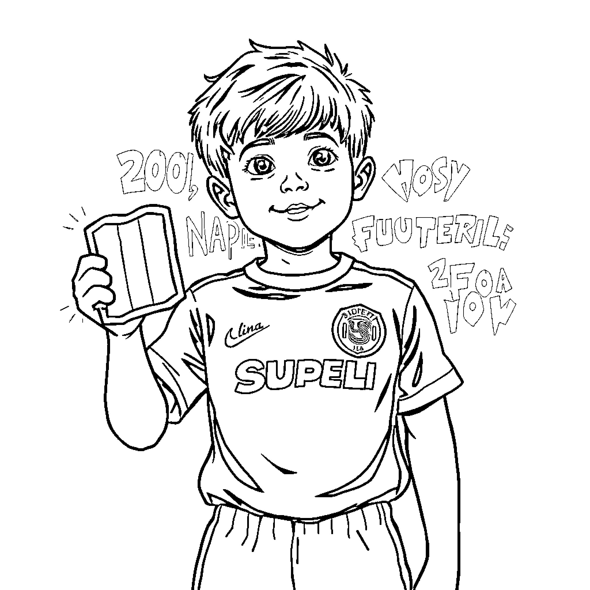 Boy holding a book with text on his shirt Coloring Page (free black-and-white line drawing printable PDF for all, from beginners to advanced learners, including children, teens, adults, and seniors)