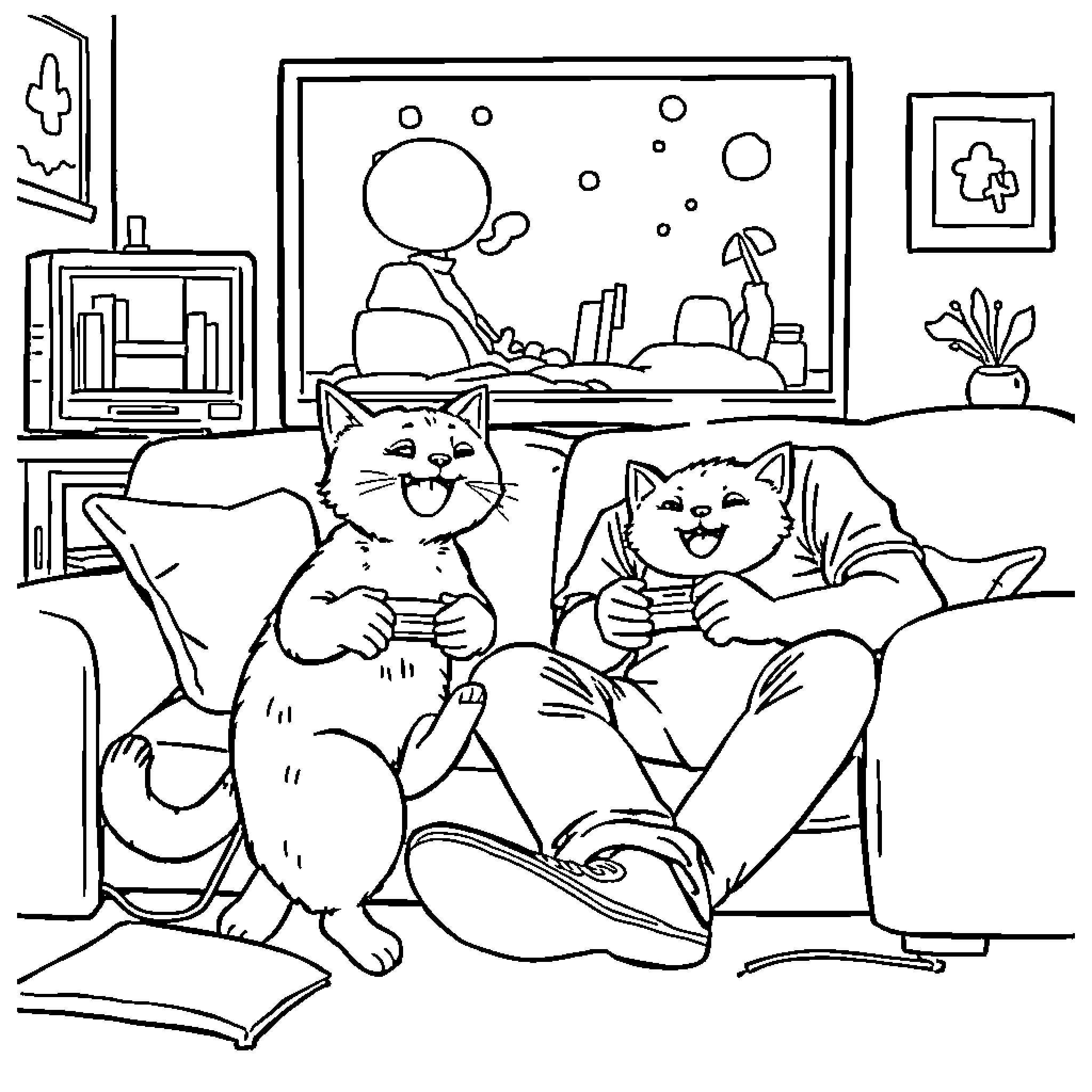 Cats Relaxing and Enjoying Time Together Coloring Page (free black-and-white line drawing printable PDF for all, from beginners to advanced learners, including children, teens, adults, and seniors)