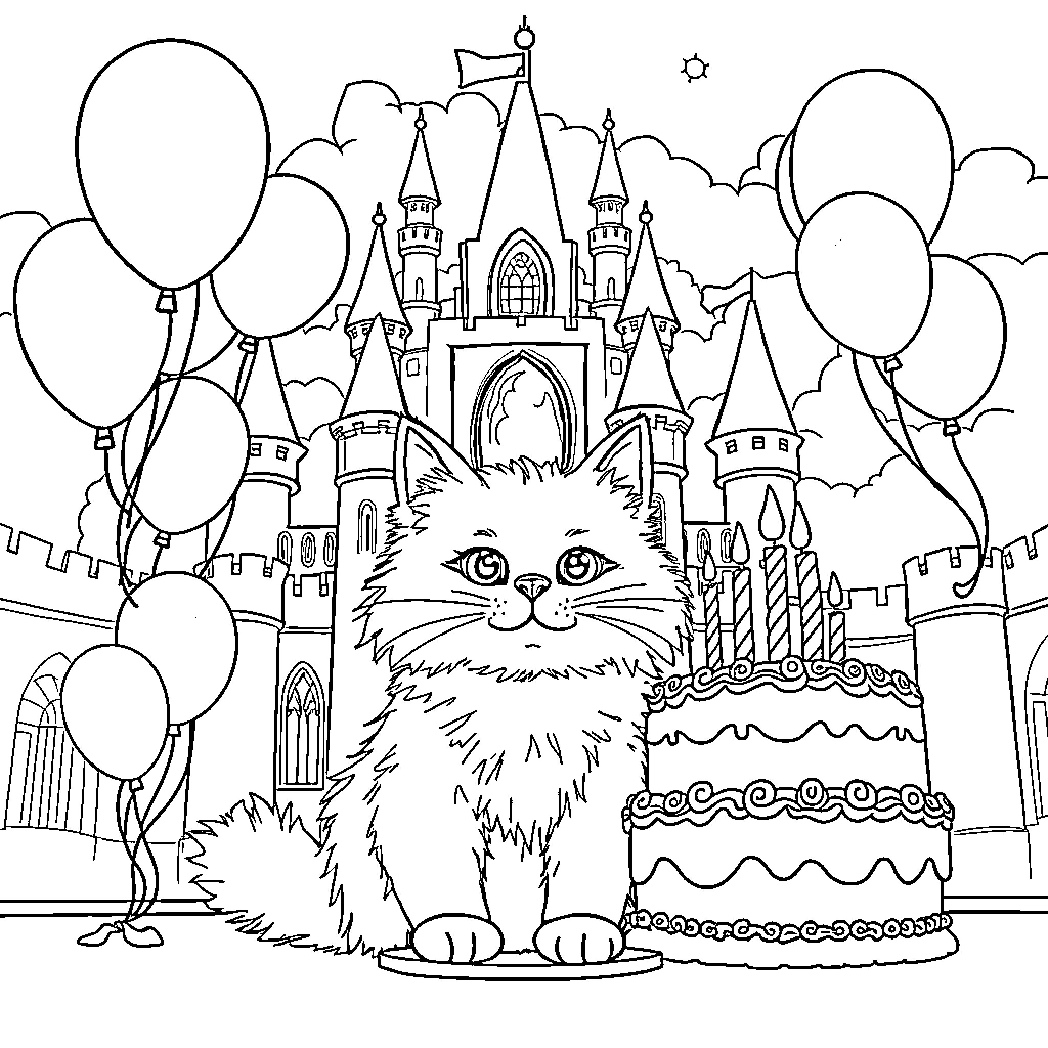 Cat with balloons in front of fantasy castle Coloring Page (free black-and-white line drawing printable PDF for all, from beginners to advanced learners, including children, teens, adults, and seniors)