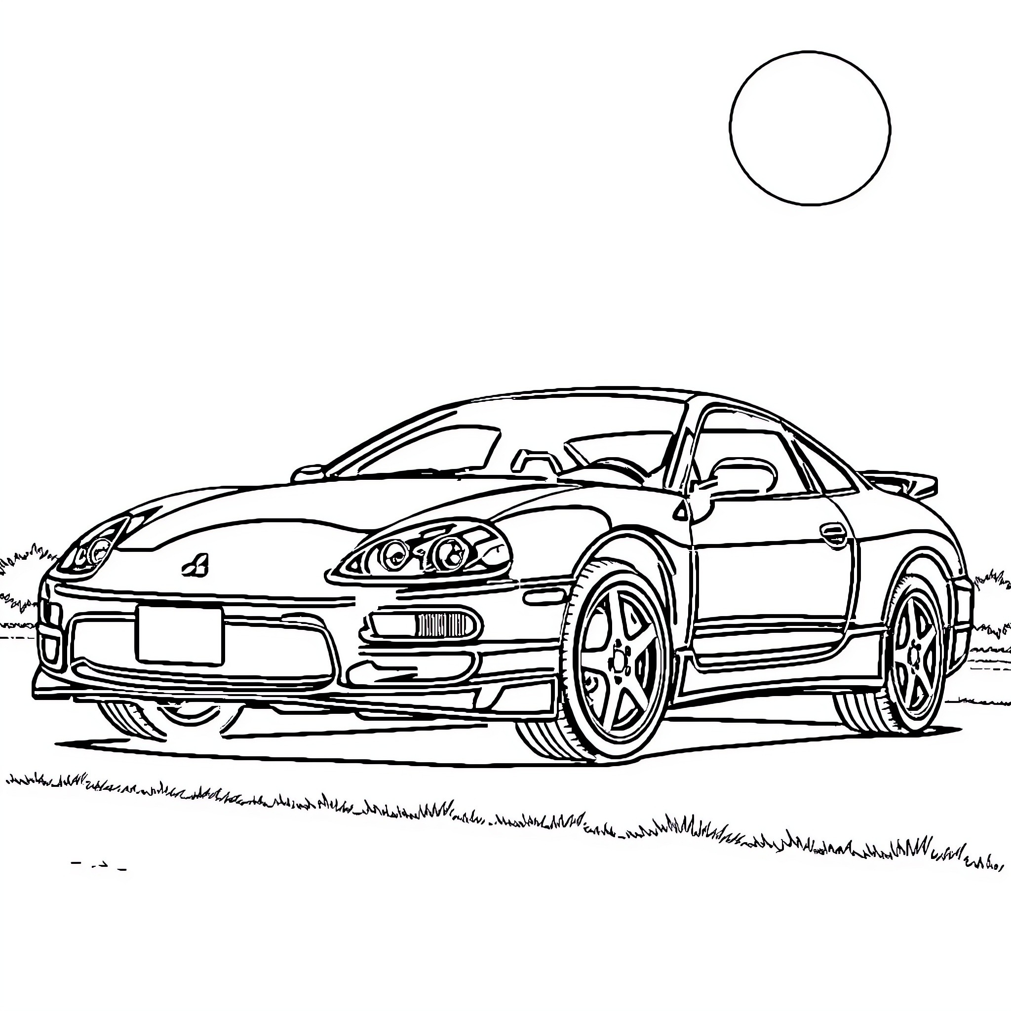 Mitsubishi sports car on the road Coloring Page (free black-and-white line drawing printable PDF for all, from beginners to advanced learners, including children, teens, adults, and seniors)