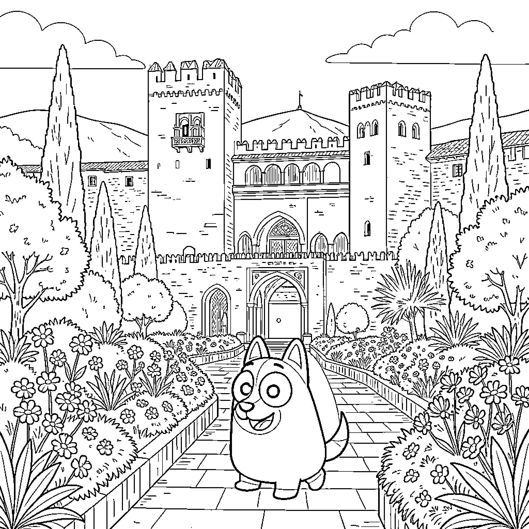 Bluey explores a whimsical castle garden Coloring Page (free black-and-white line drawing printable PDF for all, from beginners to advanced learners, including children, teens, adults, and seniors)