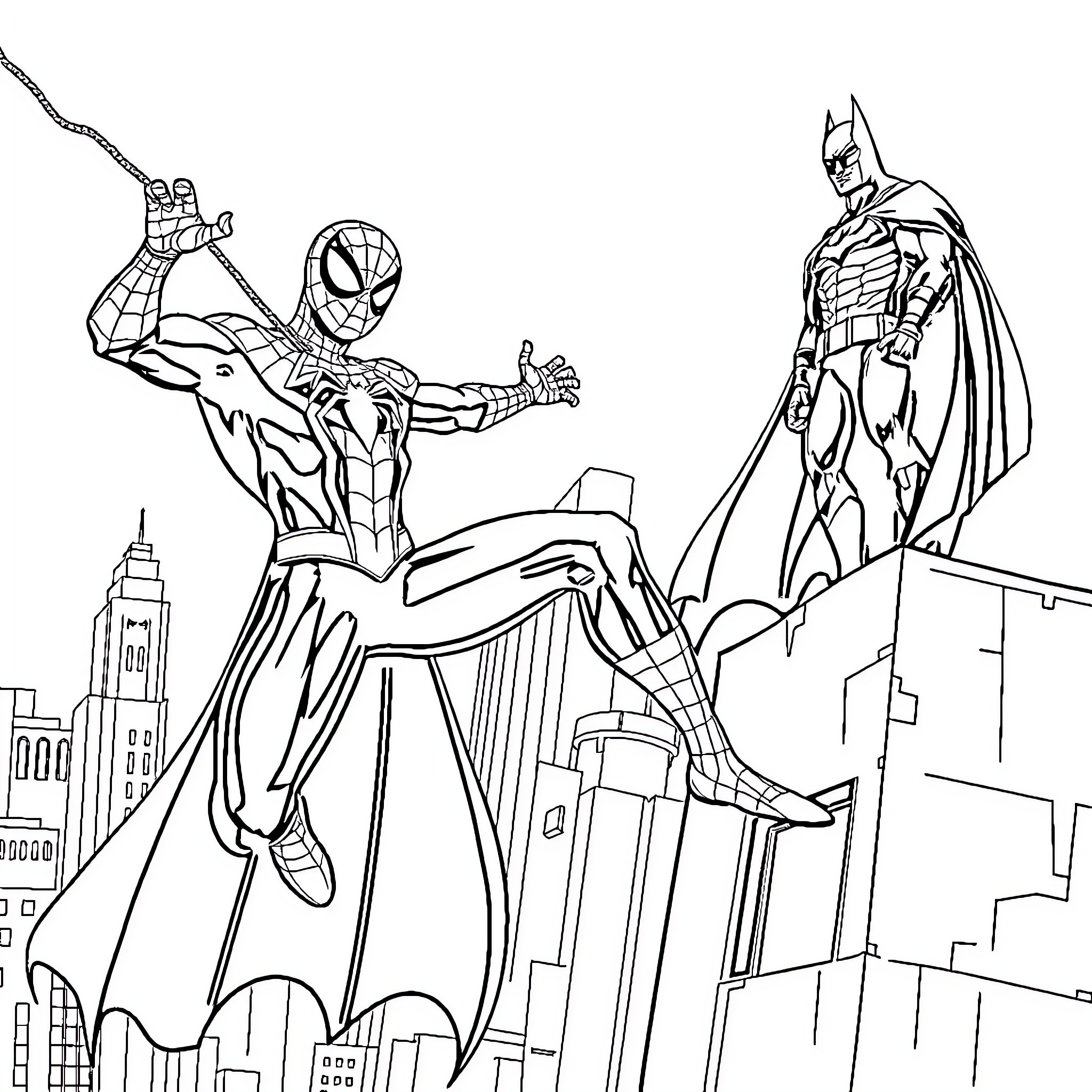 Superhero duo battling in the city skyline Coloring Page (free black-and-white line drawing printable PDF for all, from beginners to advanced learners, including children, teens, adults, and seniors)