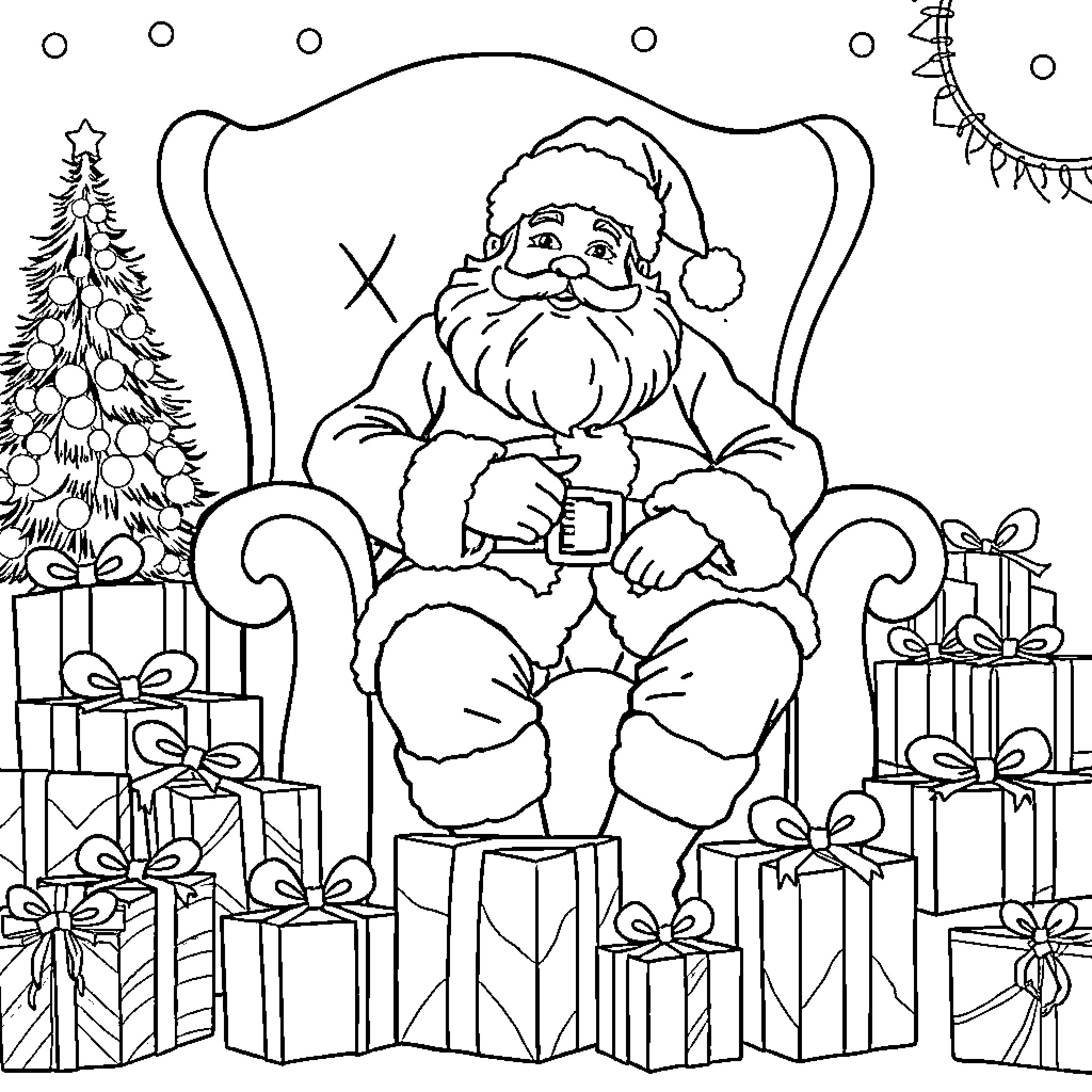 Santa Claus sitting happily with gifts and Christmas tree Coloring Page (free black-and-white line drawing printable PDF for all, from beginners to advanced learners, including children, teens, adults, and seniors)
