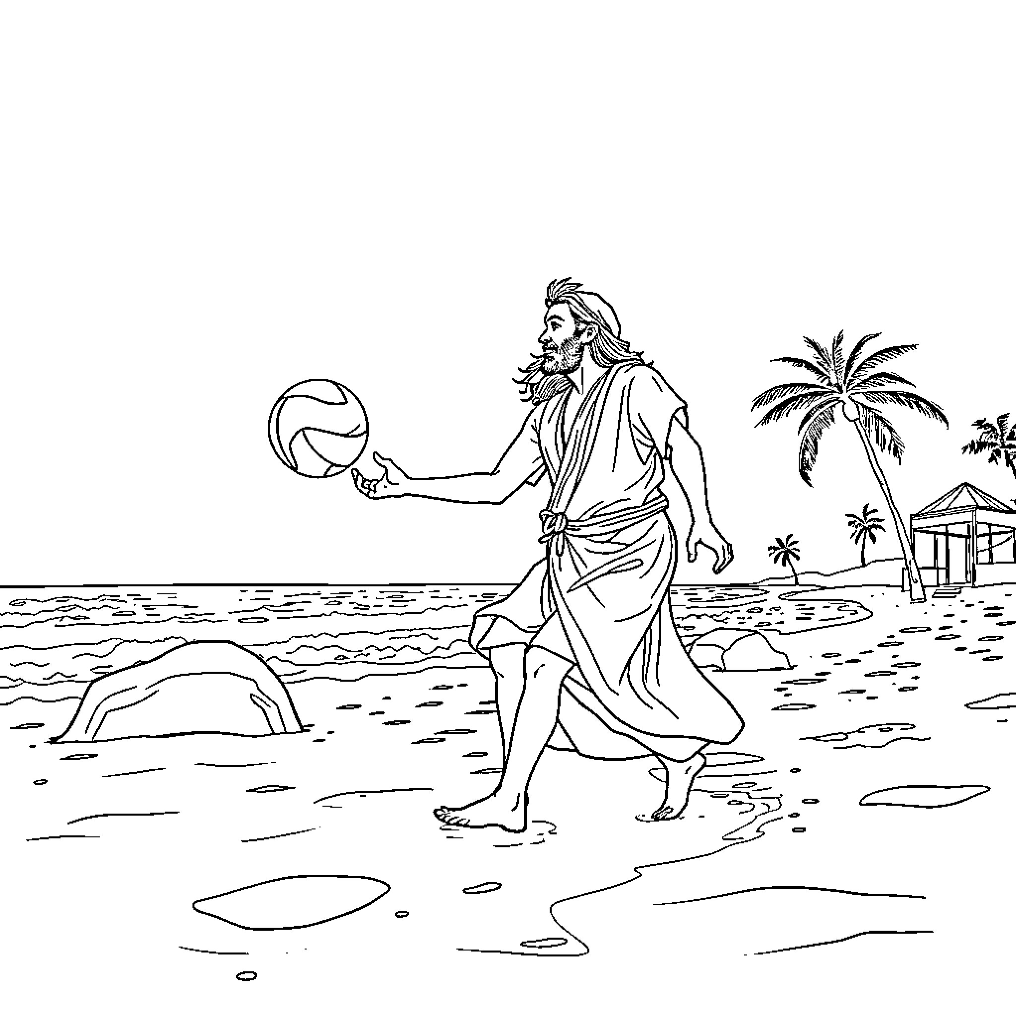 Rumi enjoying a beach volleyball game by the palm trees Coloring Page (free black-and-white line drawing printable PDF for all, from beginners to advanced learners, including children, teens, adults, and seniors)