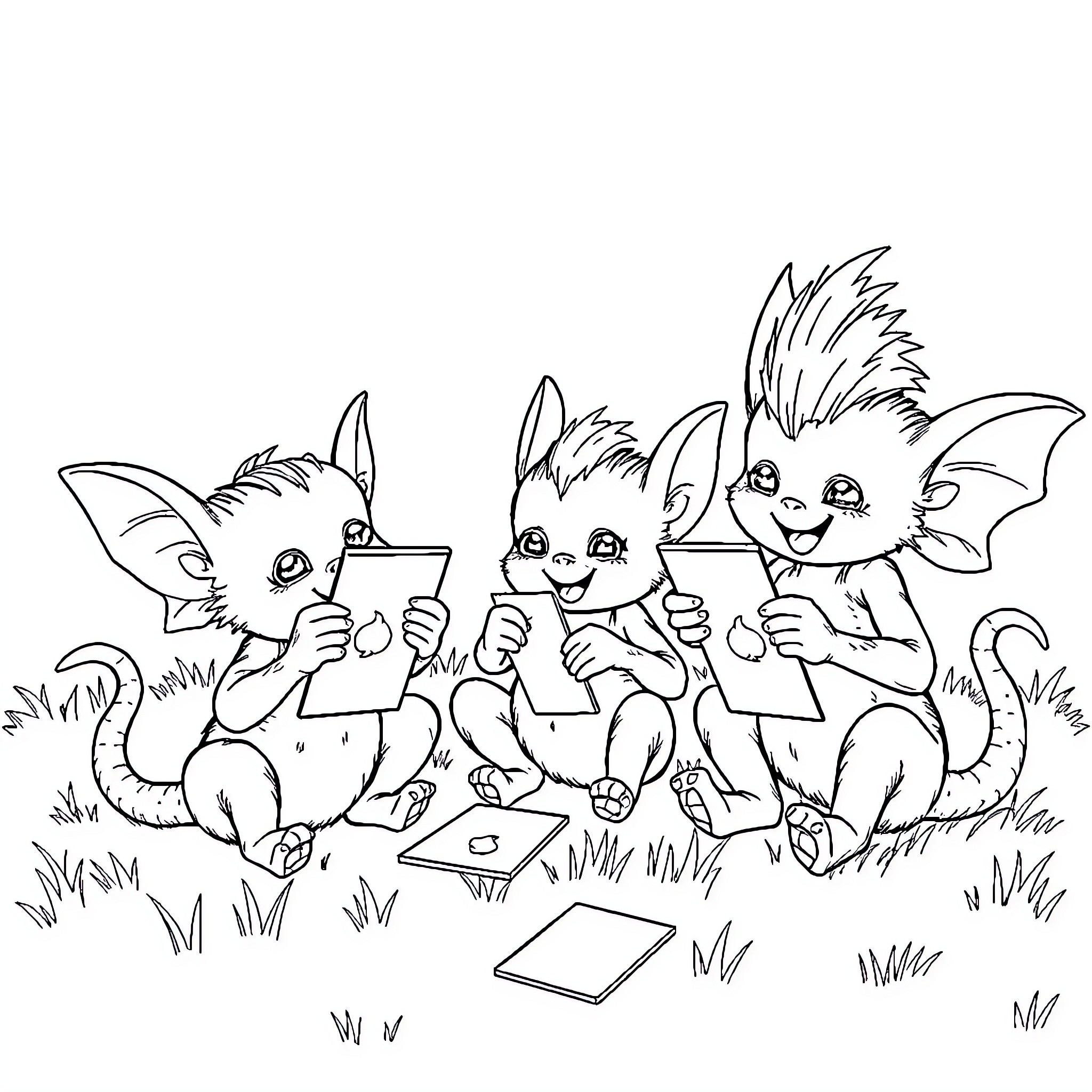 Fantasy Beings Playfully Solving Puzzles in Nature Coloring Page (free black-and-white line drawing printable PDF for all, from beginners to advanced learners, including children, teens, adults, and seniors)