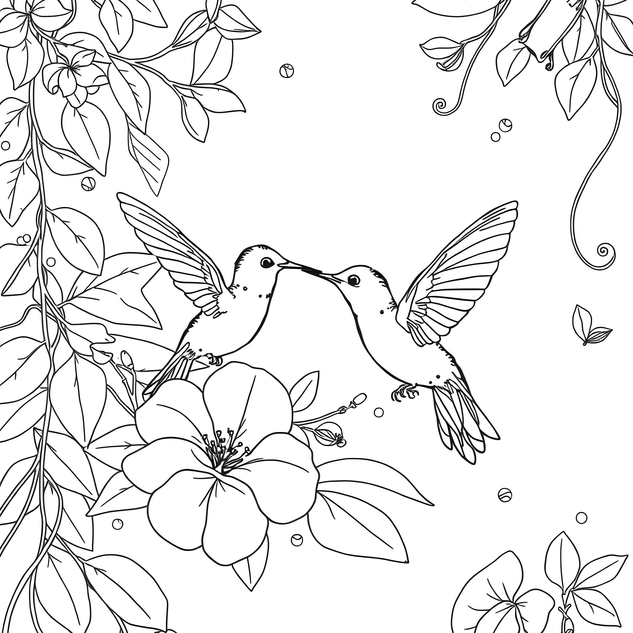 Hummingbirds dancing among floral blooms Coloring Page (free black-and-white line drawing printable PDF for all, from beginners to advanced learners, including children, teens, adults, and seniors)