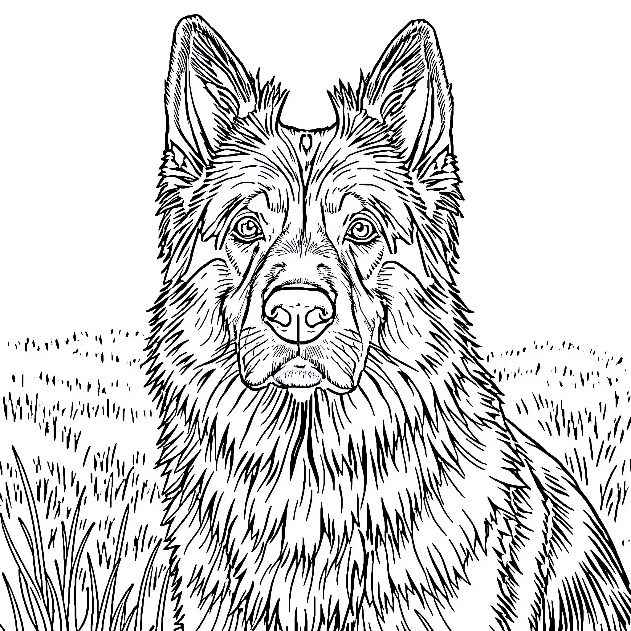 Belgian Shepherd attentively observing the surroundings Coloring Page (free black-and-white line drawing printable PDF for all, from beginners to advanced learners, including children, teens, adults, and seniors)
