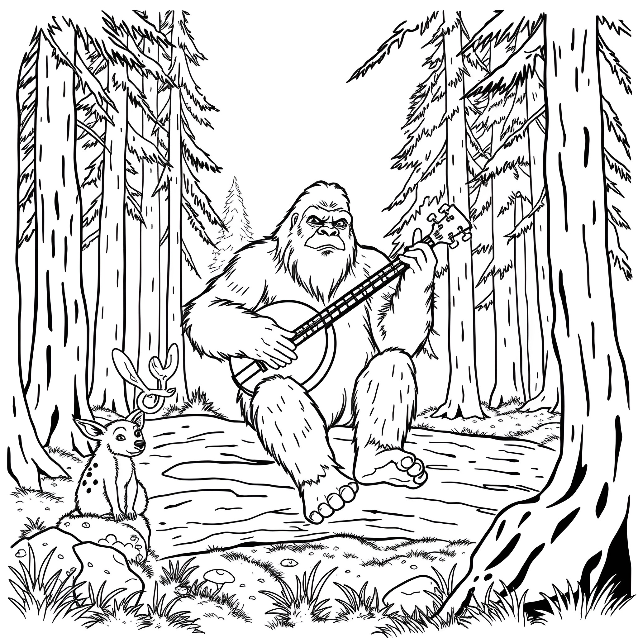 Bigfoot playing guitar in the forest Coloring Page (free black-and-white line drawing printable PDF for all, from beginners to advanced learners, including children, teens, adults, and seniors)