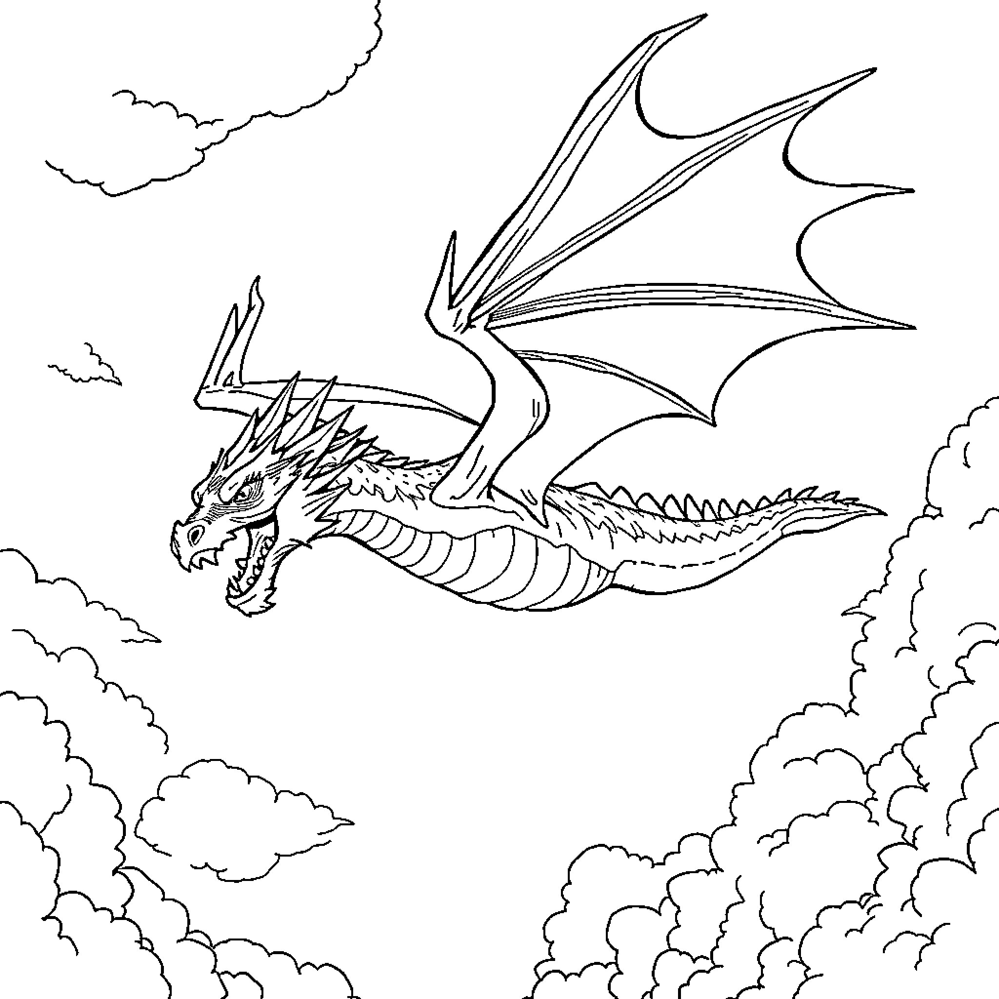 Dragon soaring through cloudy skies Coloring Page (free black-and-white line drawing printable PDF for all, from beginners to advanced learners, including children, teens, adults, and seniors)