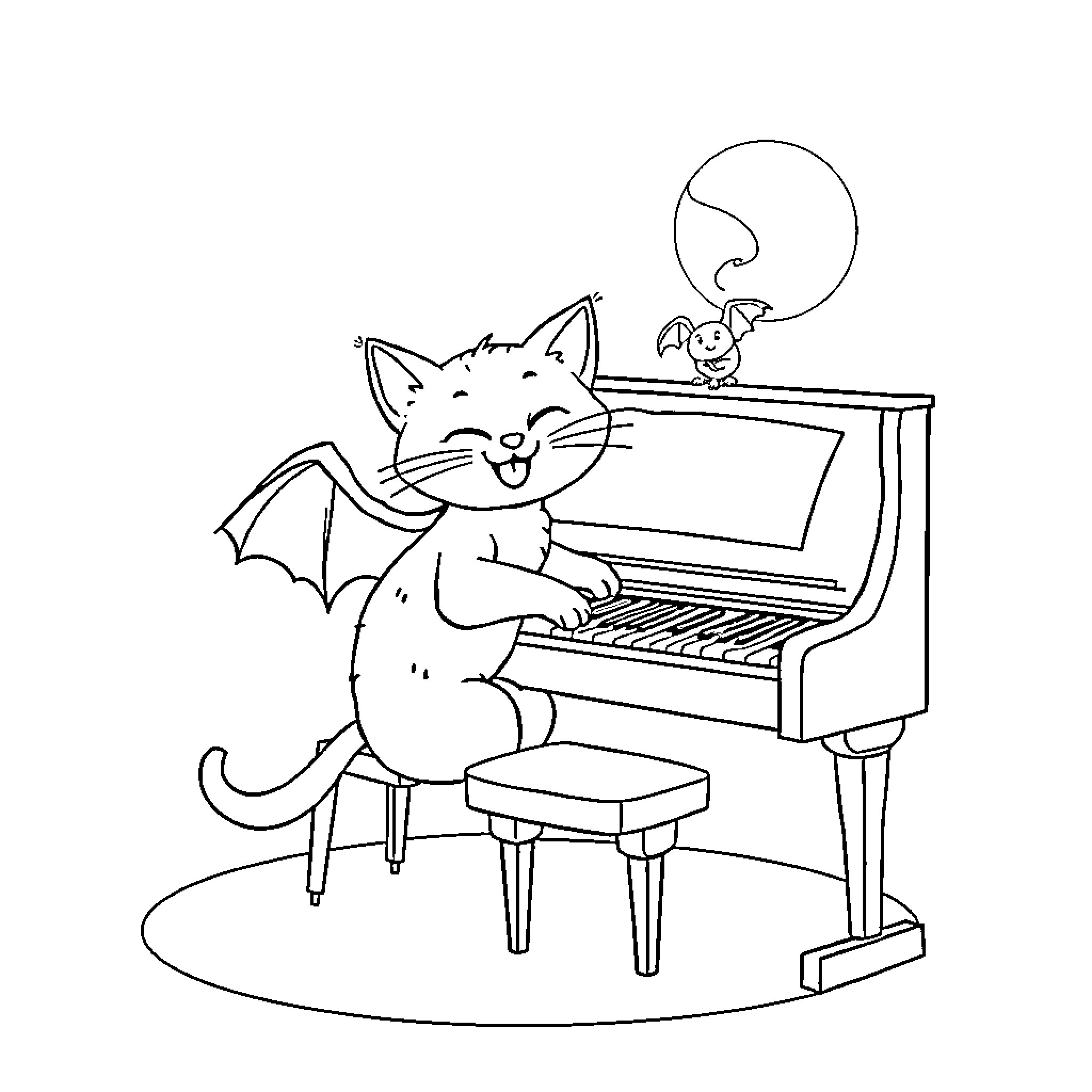 Cat playing piano with a mouse Coloring Page (free black-and-white line drawing printable PDF for all, from beginners to advanced learners, including children, teens, adults, and seniors)
