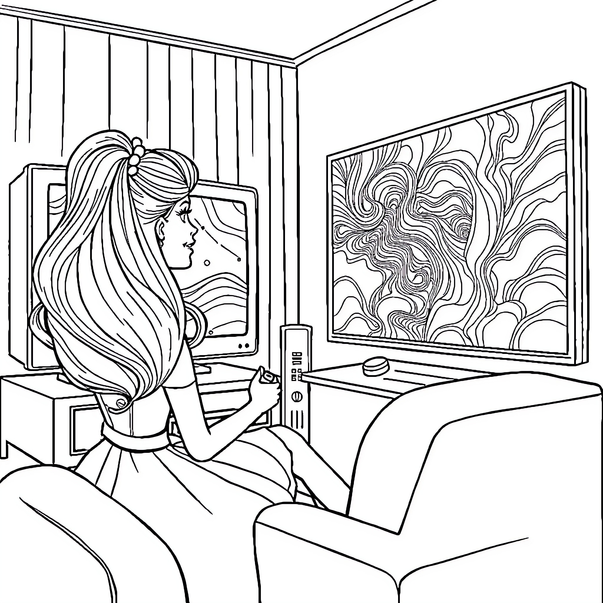 Barbie relaxing and enjoying a modern home entertainment setup Coloring Page (free black-and-white line drawing printable PDF for all, from beginners to advanced learners, including children, teens, adults, and seniors)