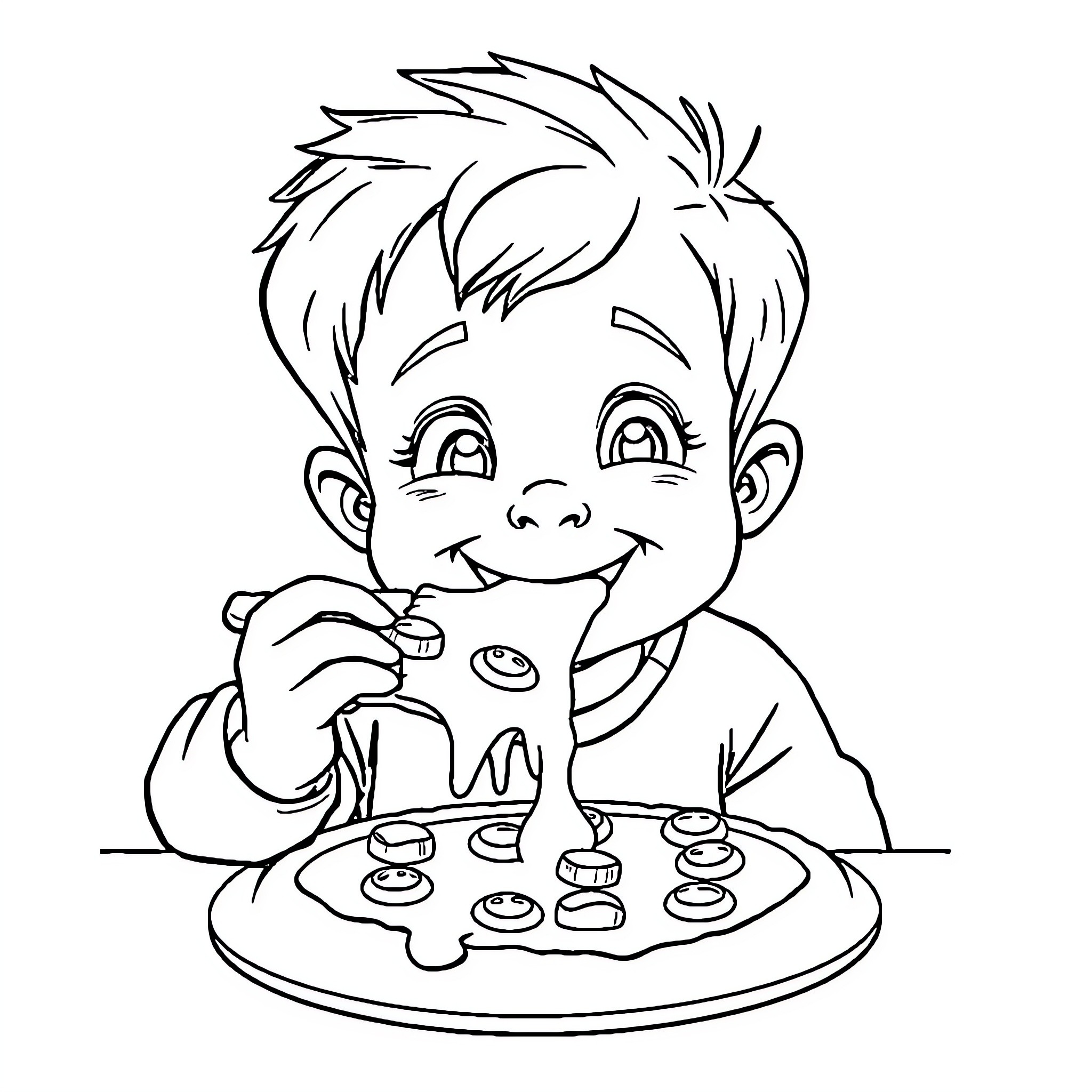 Boy Enjoying Treats on a Plate Coloring Page (free black-and-white line drawing printable PDF for all, from beginners to advanced learners, including children, teens, adults, and seniors)