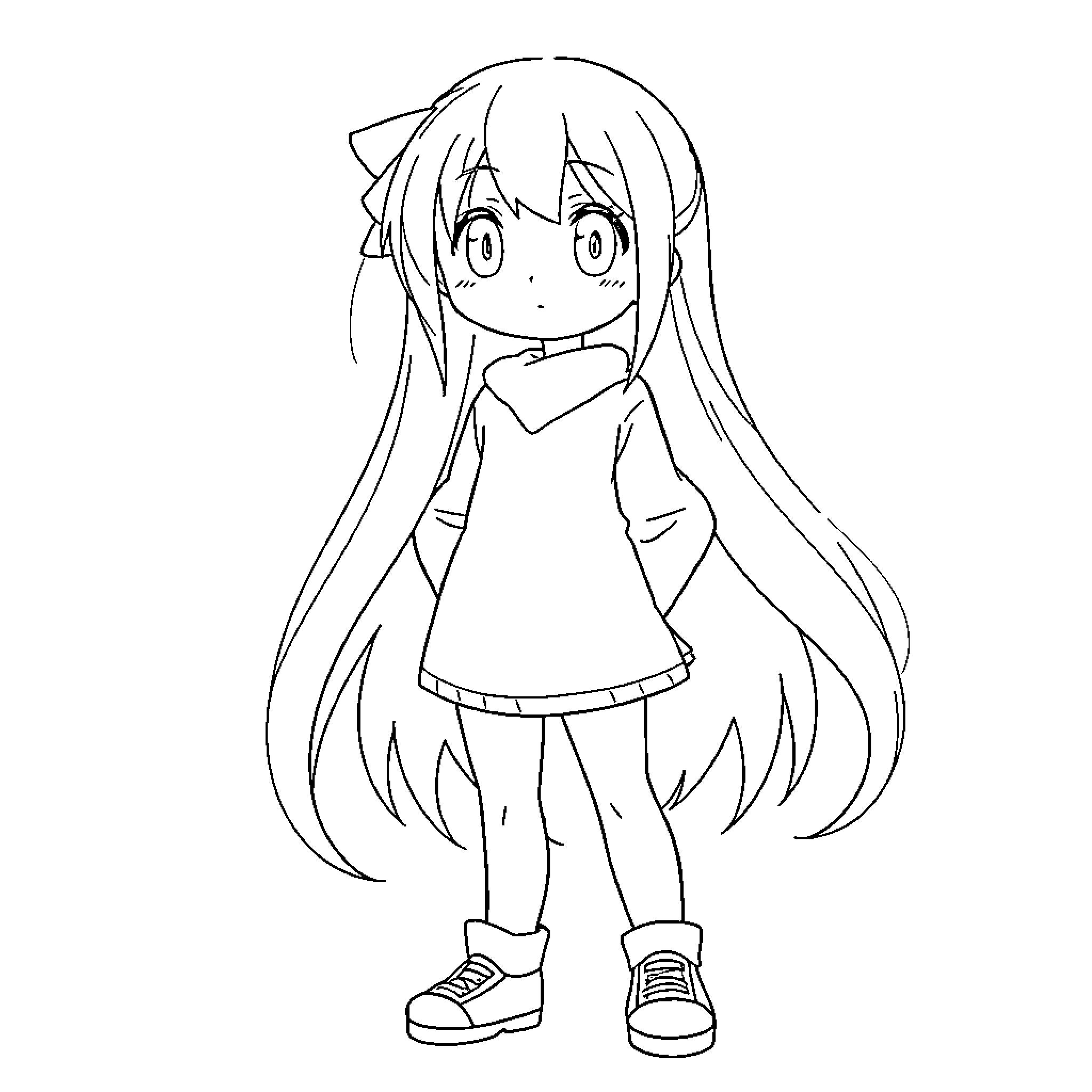 Anime Girl Smiling and Posing Happily Coloring Page (free black-and-white line drawing printable PDF for all, from beginners to advanced learners, including children, teens, adults, and seniors)