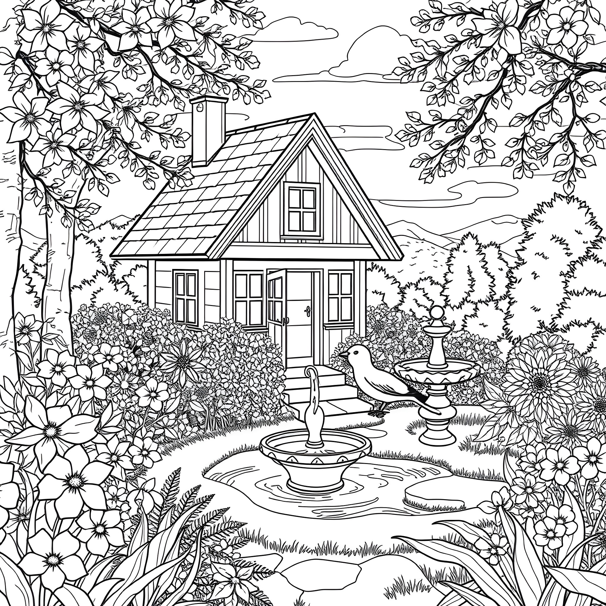 Flower Garden with a Charming House Coloring Page (free black-and-white line drawing printable PDF for all, from beginners to advanced learners, including children, teens, adults, and seniors)