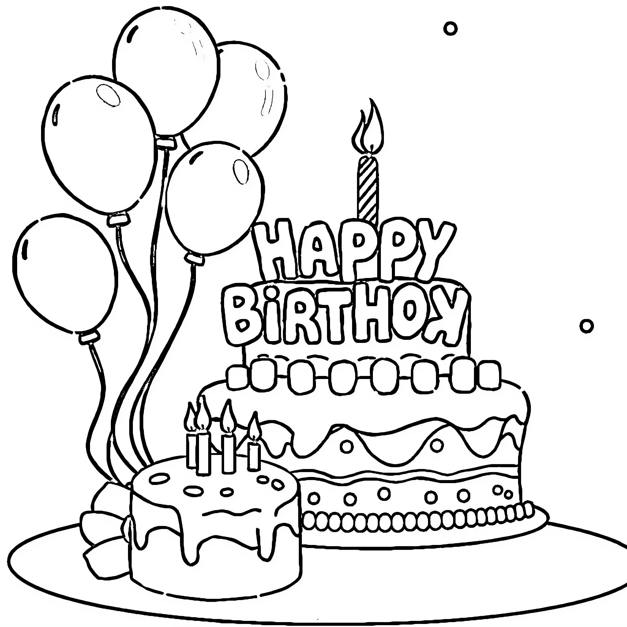 Anniversary celebration with cake and balloons Coloring Page (free black-and-white line drawing printable PDF for all, from beginners to advanced learners, including children, teens, adults, and seniors)