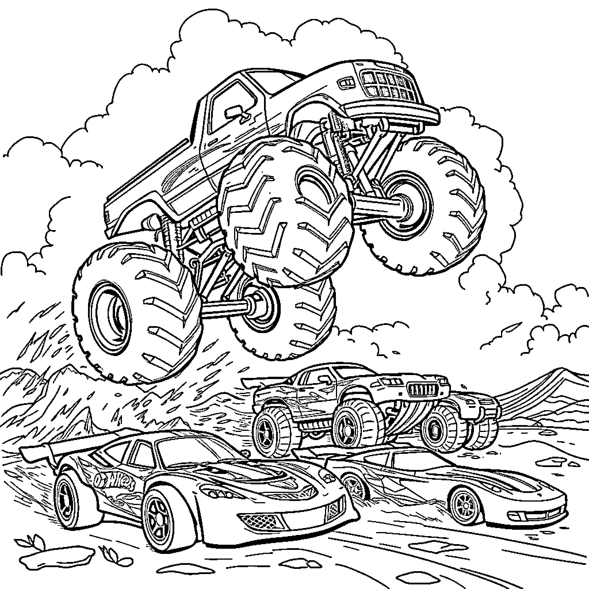 Monster Truck Crushing Toy Vehicles in the Desert Coloring Page (free black-and-white line drawing printable PDF for all, from beginners to advanced learners, including children, teens, adults, and seniors)
