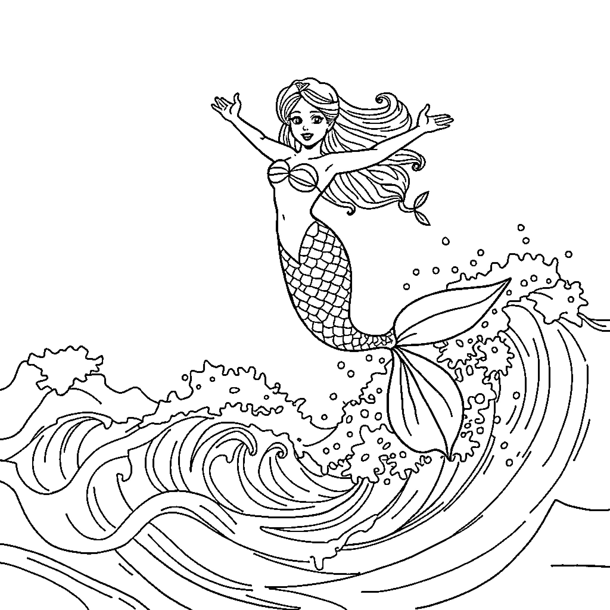 Mermaid joyfully swimming in the ocean waves Coloring Page (free black-and-white line drawing printable PDF for all, from beginners to advanced learners, including children, teens, adults, and seniors)
