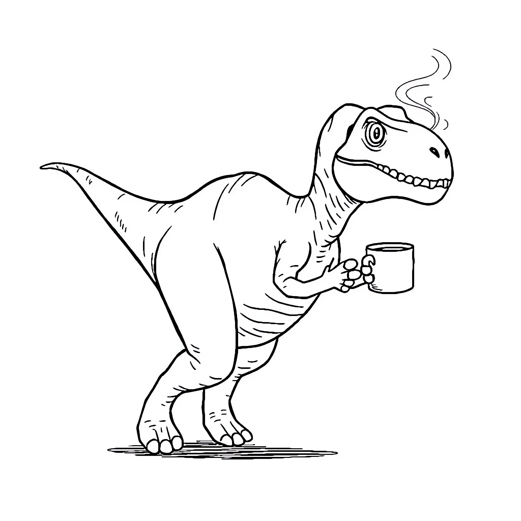 Dinosaur enjoying its morning coffee Coloring Page (free black-and-white line drawing printable PDF for all, from beginners to advanced learners, including children, teens, adults, and seniors)